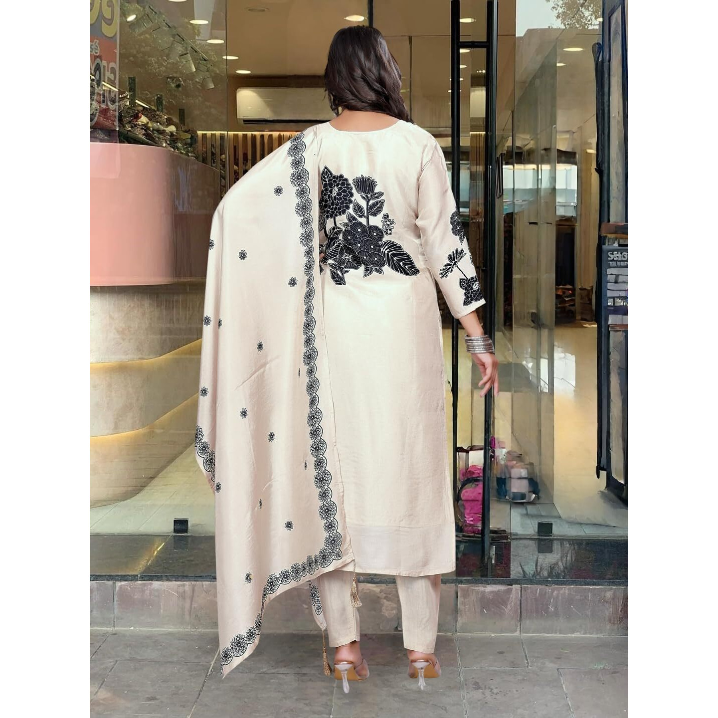 Navlik Women's Chinon Silk Embroidered Straight Kurta with Pant and Dupatta Sets (SC-Chhavi)