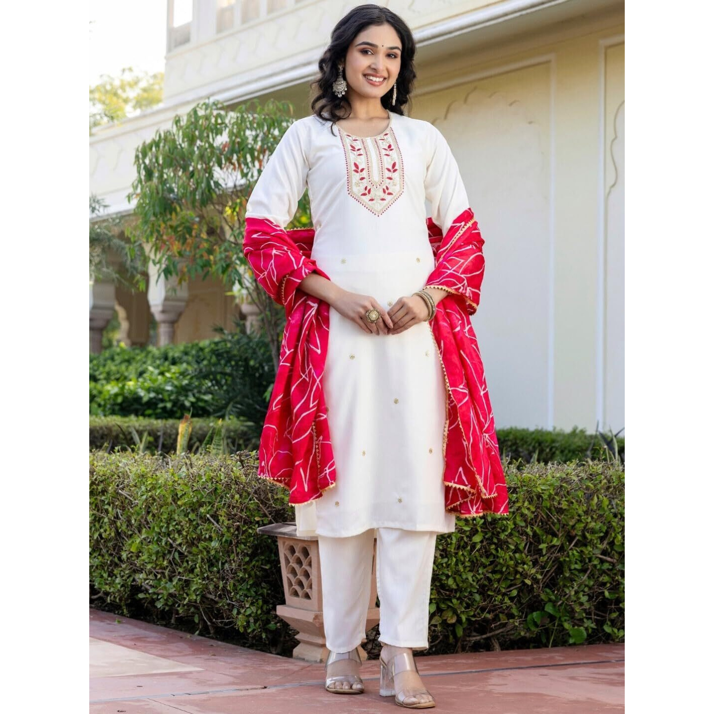 Navlik Women's Off White Rayon Slub Embroidered Straight Kurta with Rayon Slub Pant and Dupatta set (SC-Deval)