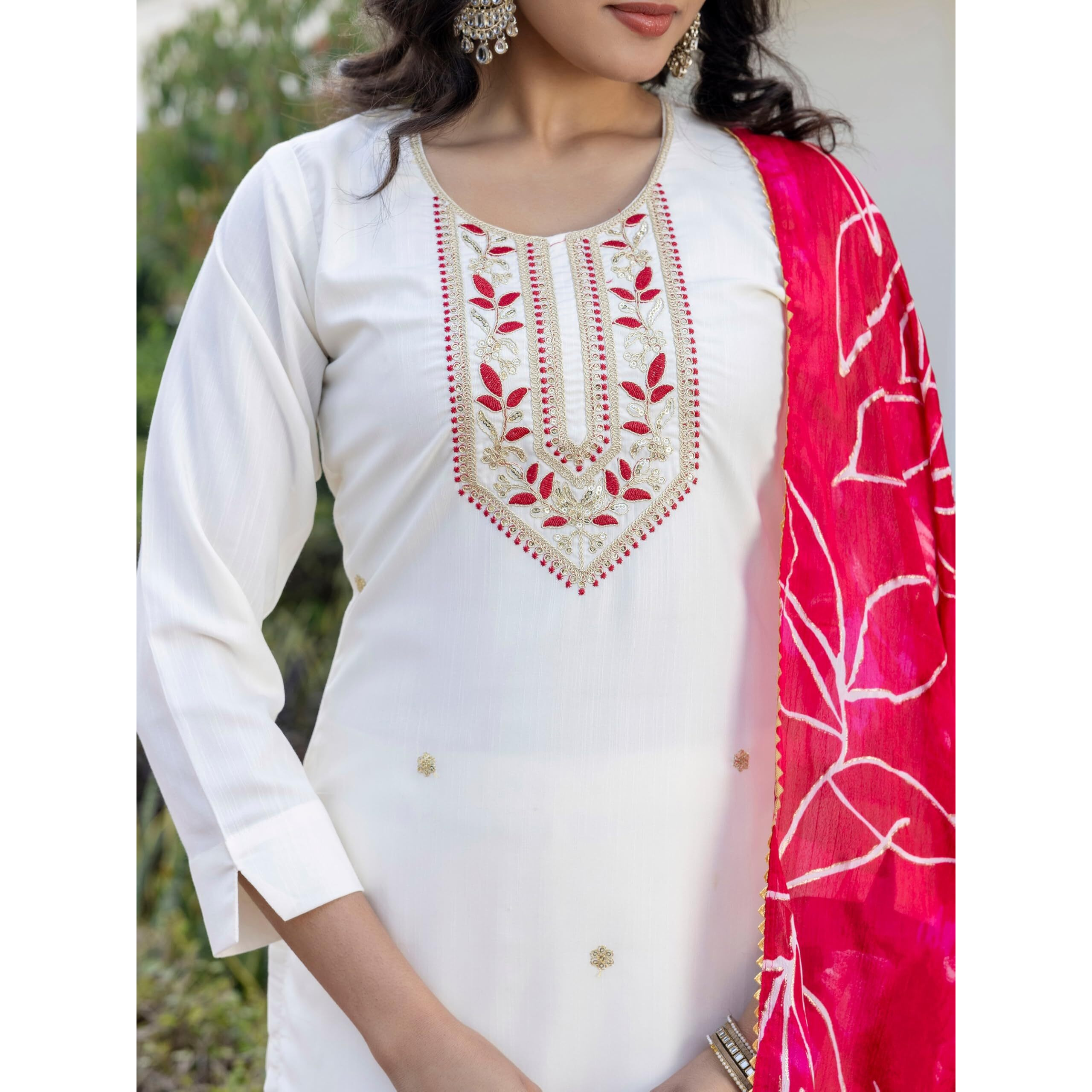 Navlik Women's Off White Rayon Slub Embroidered Straight Kurta with Rayon Slub Pant and Dupatta set (SC-Deval)