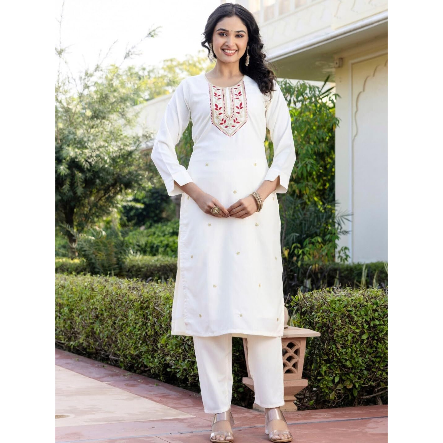 Navlik Women's Off White Rayon Slub Embroidered Straight Kurta with Rayon Slub Pant and Dupatta set (SC-Deval)