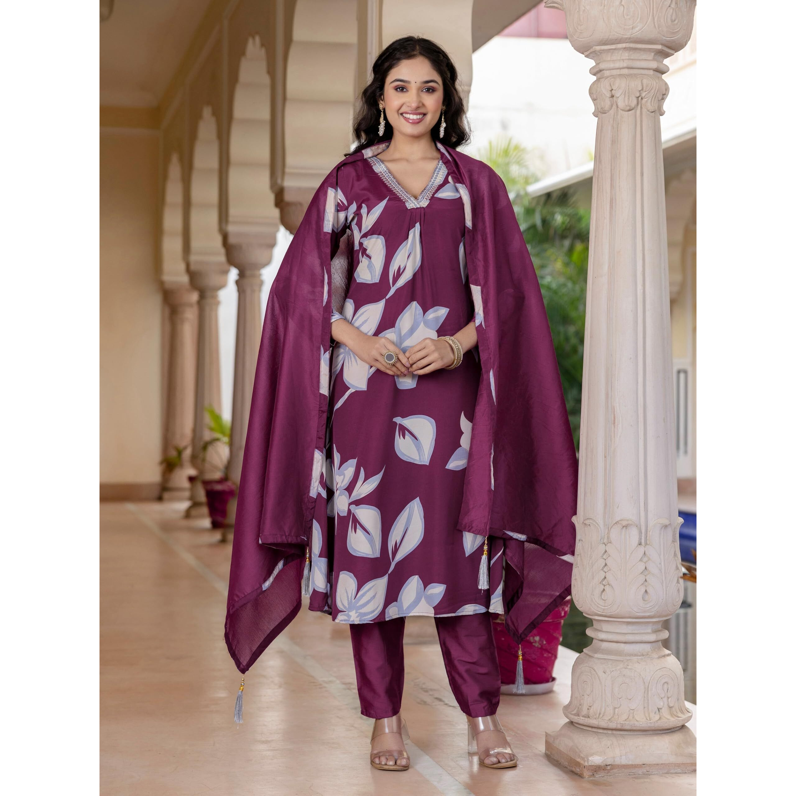 Navlik Women's Maroon French Crepe Printed Flared Kurta with Chanderi Pant and Chanderi Laced Dupatta Sets (SC-Gulmohar)