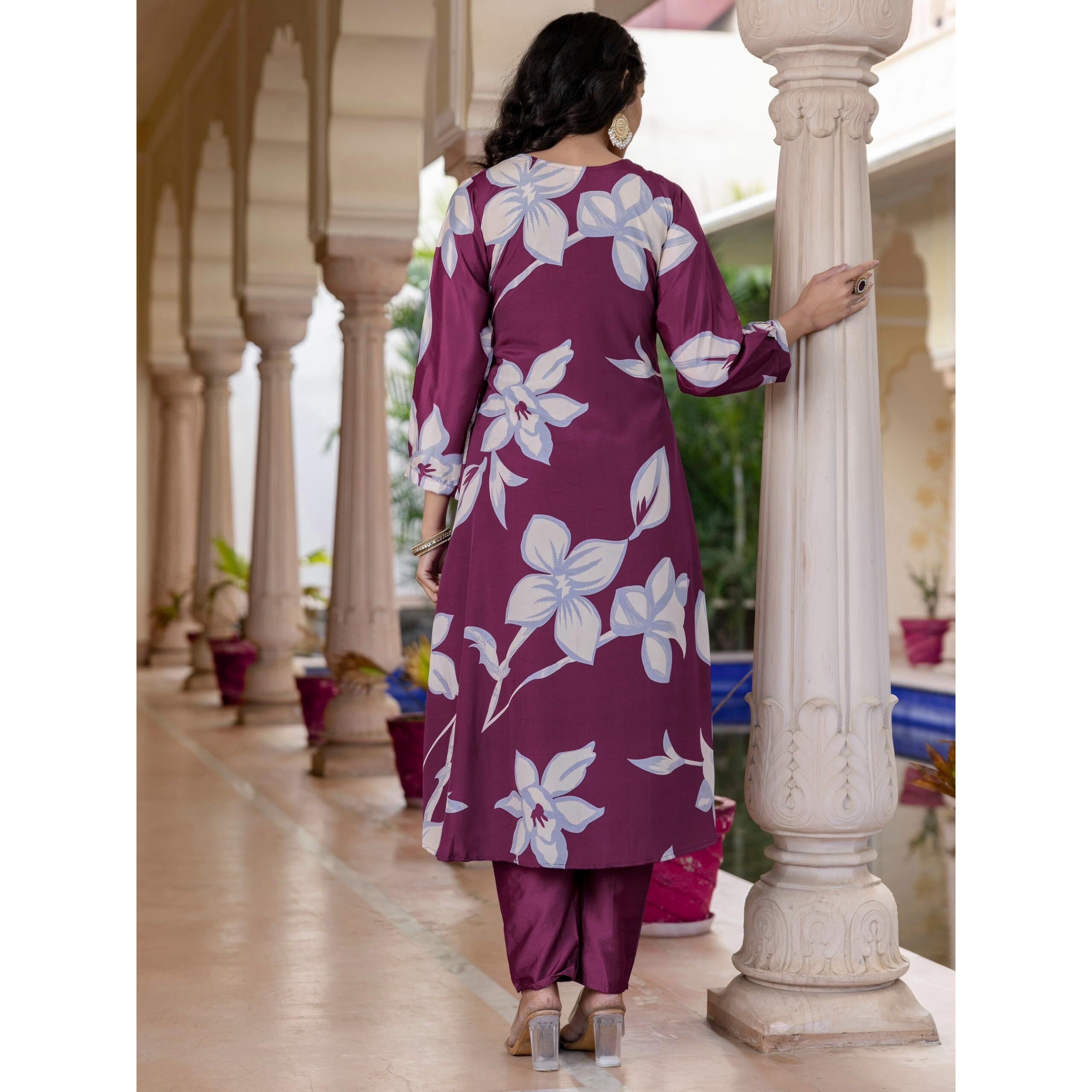 Navlik Women's Maroon French Crepe Printed Flared Kurta with Chanderi Pant and Chanderi Laced Dupatta Sets (SC-Gulmohar)
