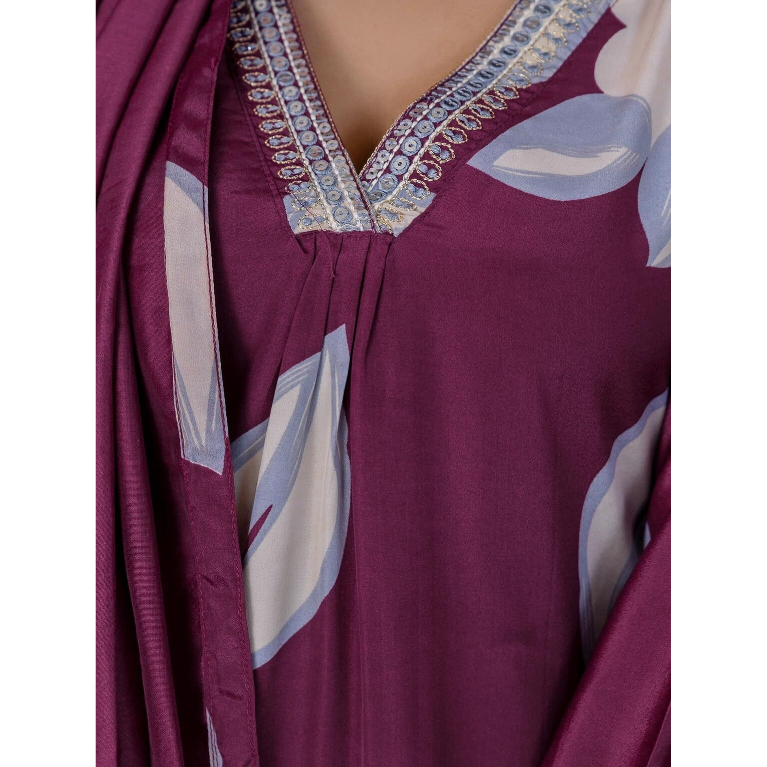 Navlik Women's Maroon French Crepe Printed Flared Kurta with Chanderi Pant and Chanderi Laced Dupatta Sets (SC-Gulmohar)