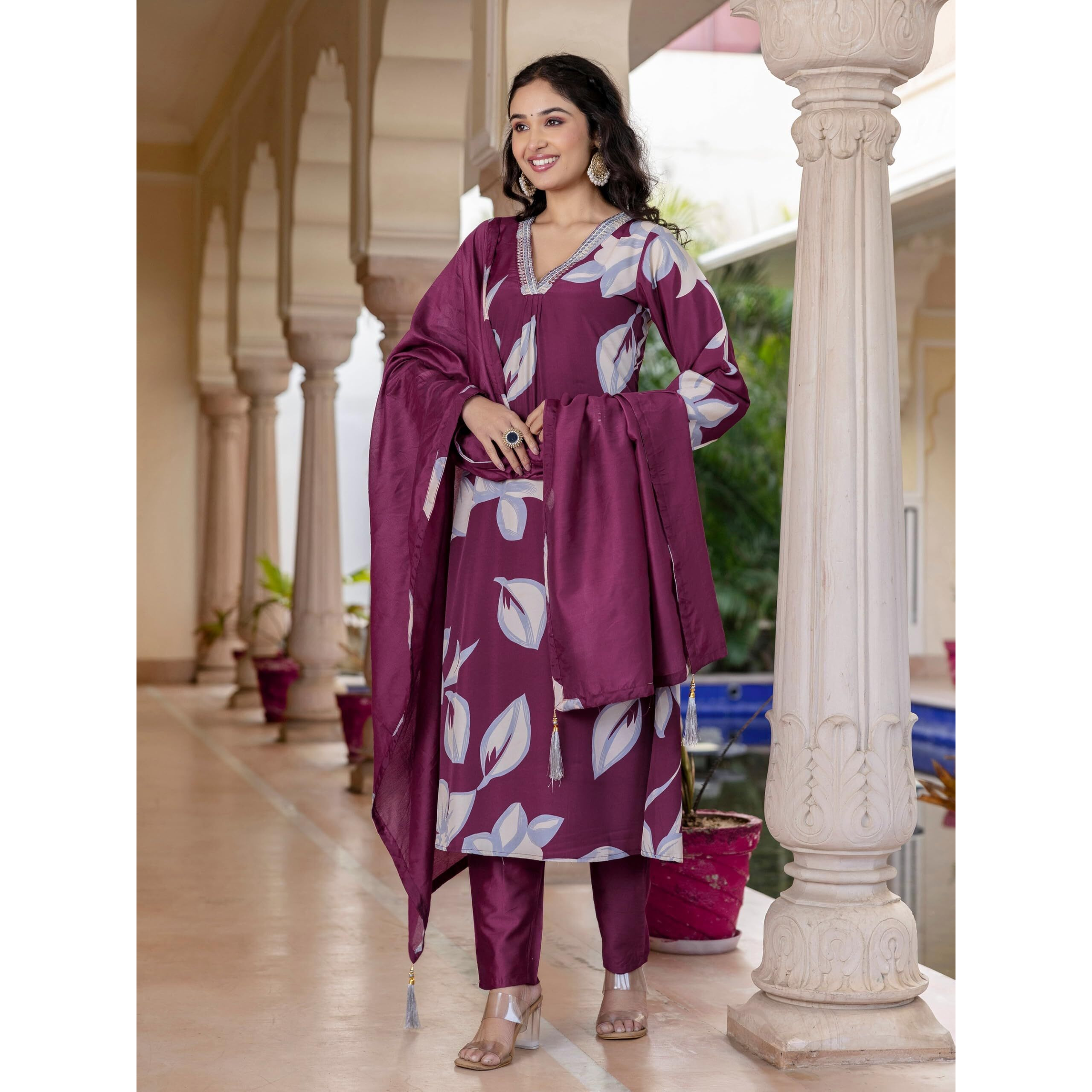 Navlik Women's Maroon French Crepe Printed Flared Kurta with Chanderi Pant and Chanderi Laced Dupatta Sets (SC-Gulmohar)