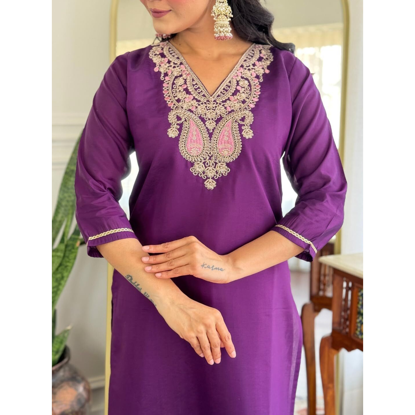Navlik Women's Chanderi Embroidered Straight Kurta with Pant And Dupatta Sets (NK-SC-Haniaa)