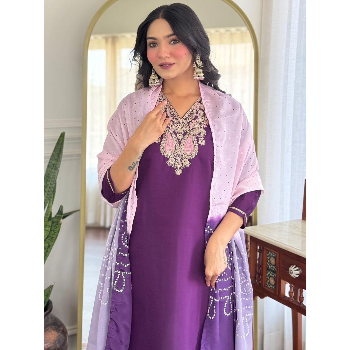 Navlik Women's Chanderi Embroidered Straight Kurta with Pant And Dupatta Sets (NK-SC-Haniaa)