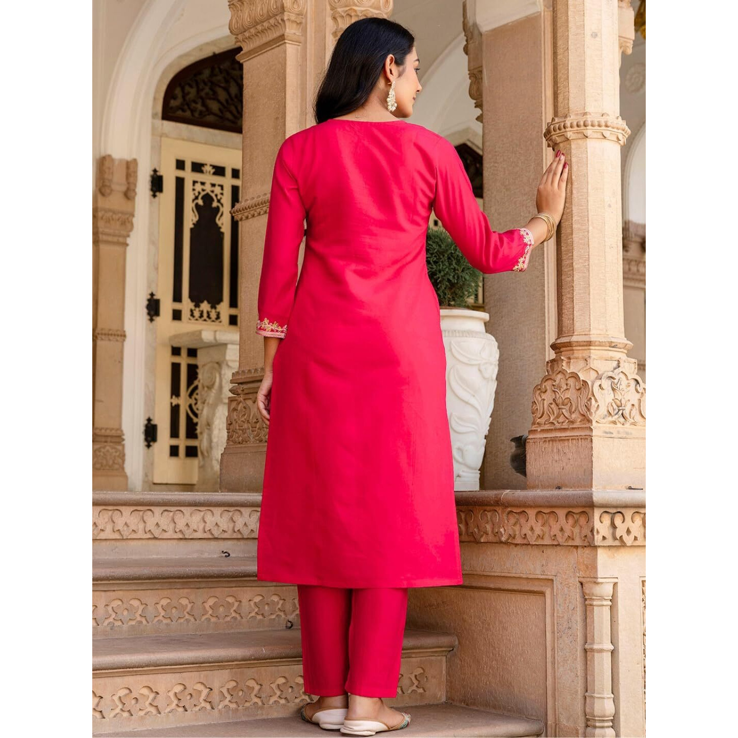 Navlik Women's Chanderi Viscose Embroidered Straight Kurta with Pant and Dupatta Sets (S-Charmi)