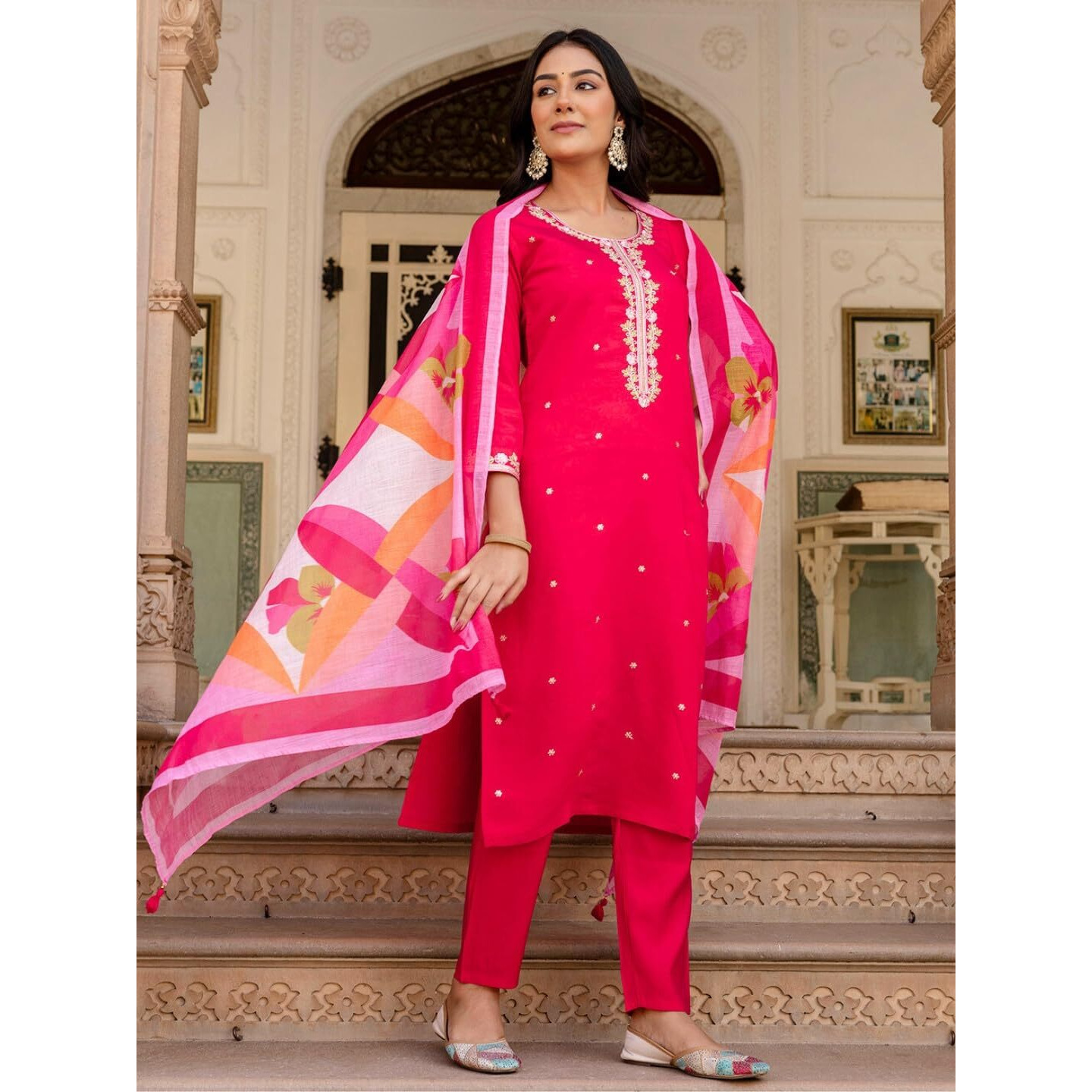 Navlik Women's Chanderi Viscose Embroidered Straight Kurta with Pant and Dupatta Sets (S-Charmi)