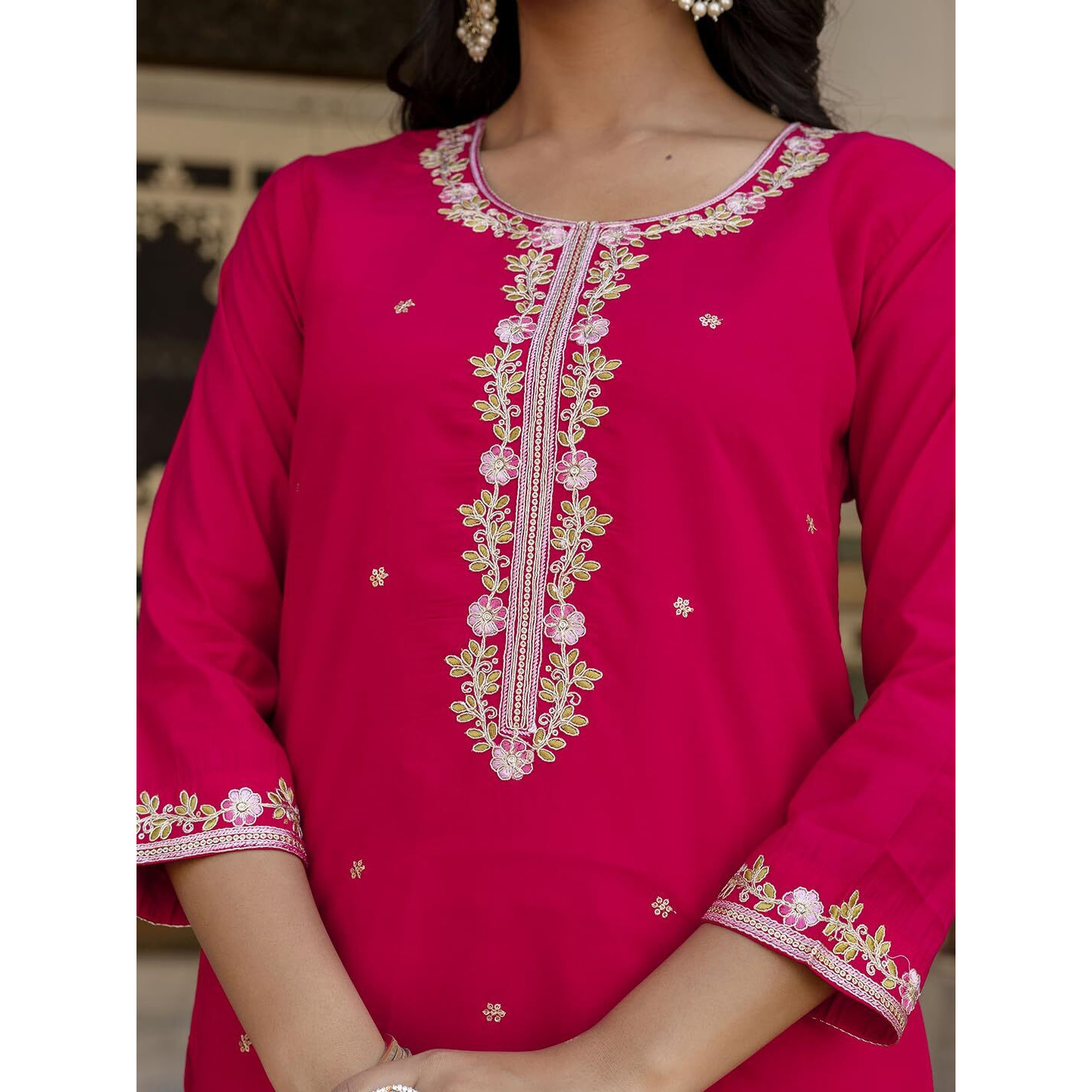 Navlik Women's Chanderi Viscose Embroidered Straight Kurta with Pant and Dupatta Sets (S-Charmi)