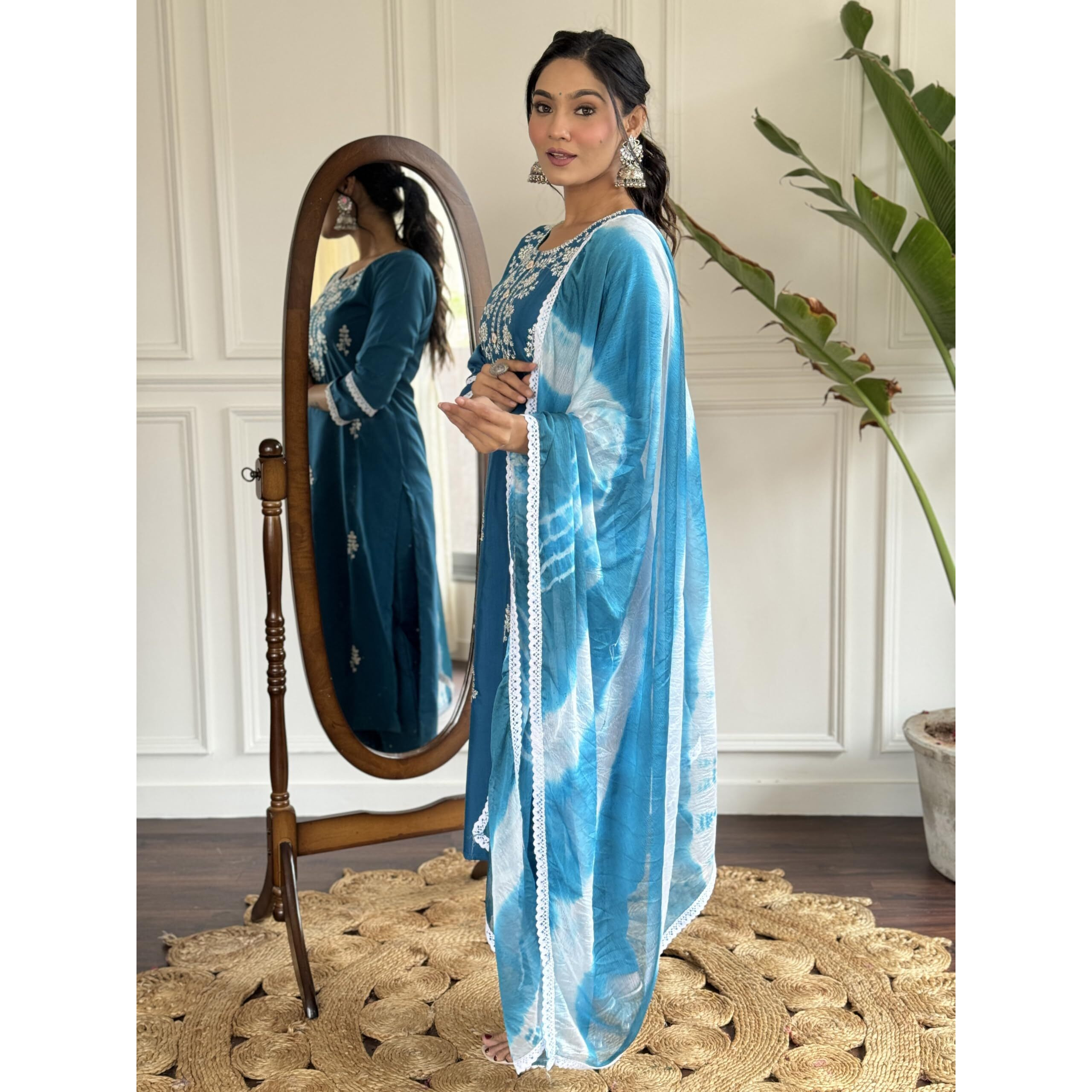 Navlik Women's Petrol Rayon Slub Embroidered Straight Kurta with Rayon Slub Pant and Nazneen Printed Dupatta Sets (NK-SC-Janvi)