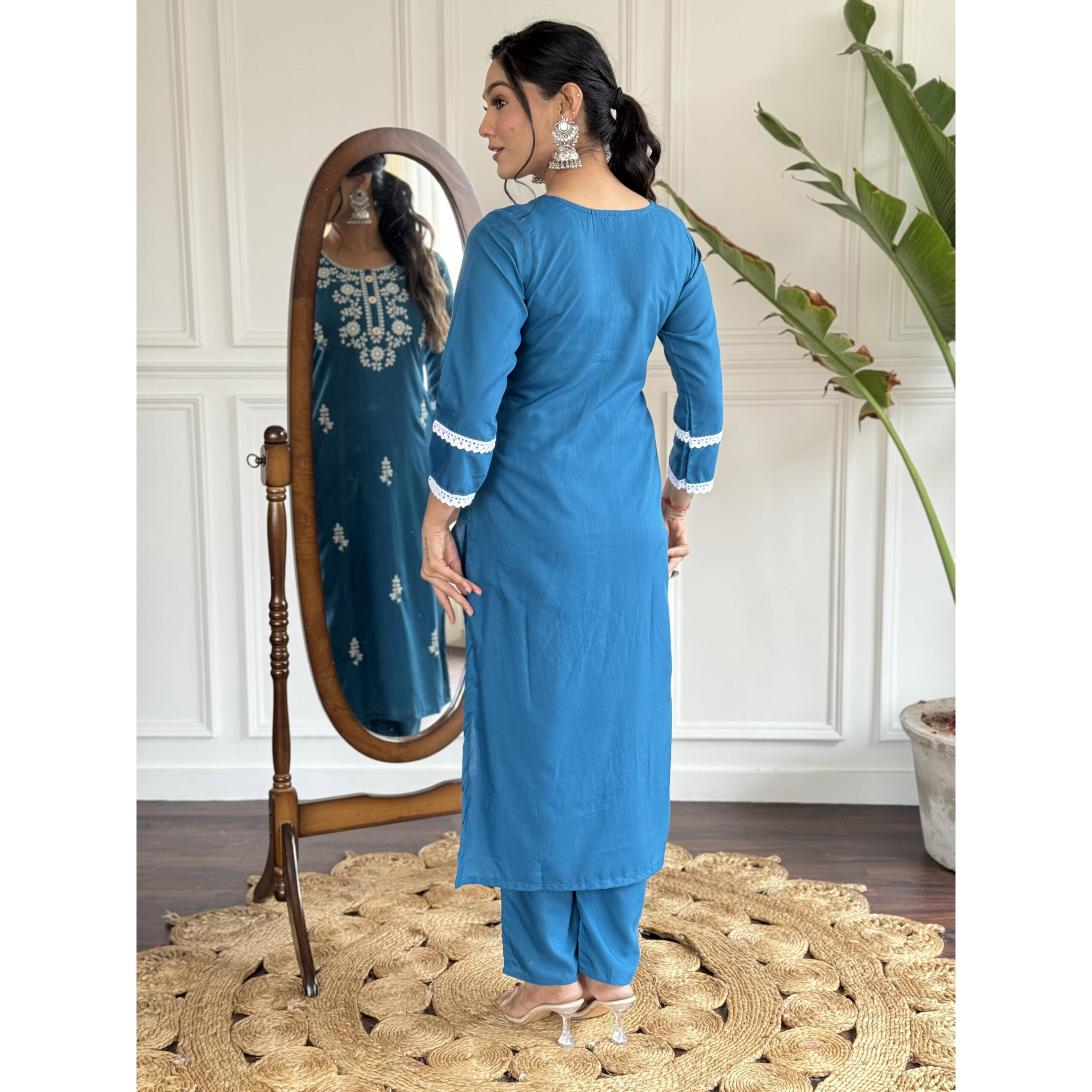 Navlik Women's Petrol Rayon Slub Embroidered Straight Kurta with Rayon Slub Pant and Nazneen Printed Dupatta Sets (NK-SC-Janvi)