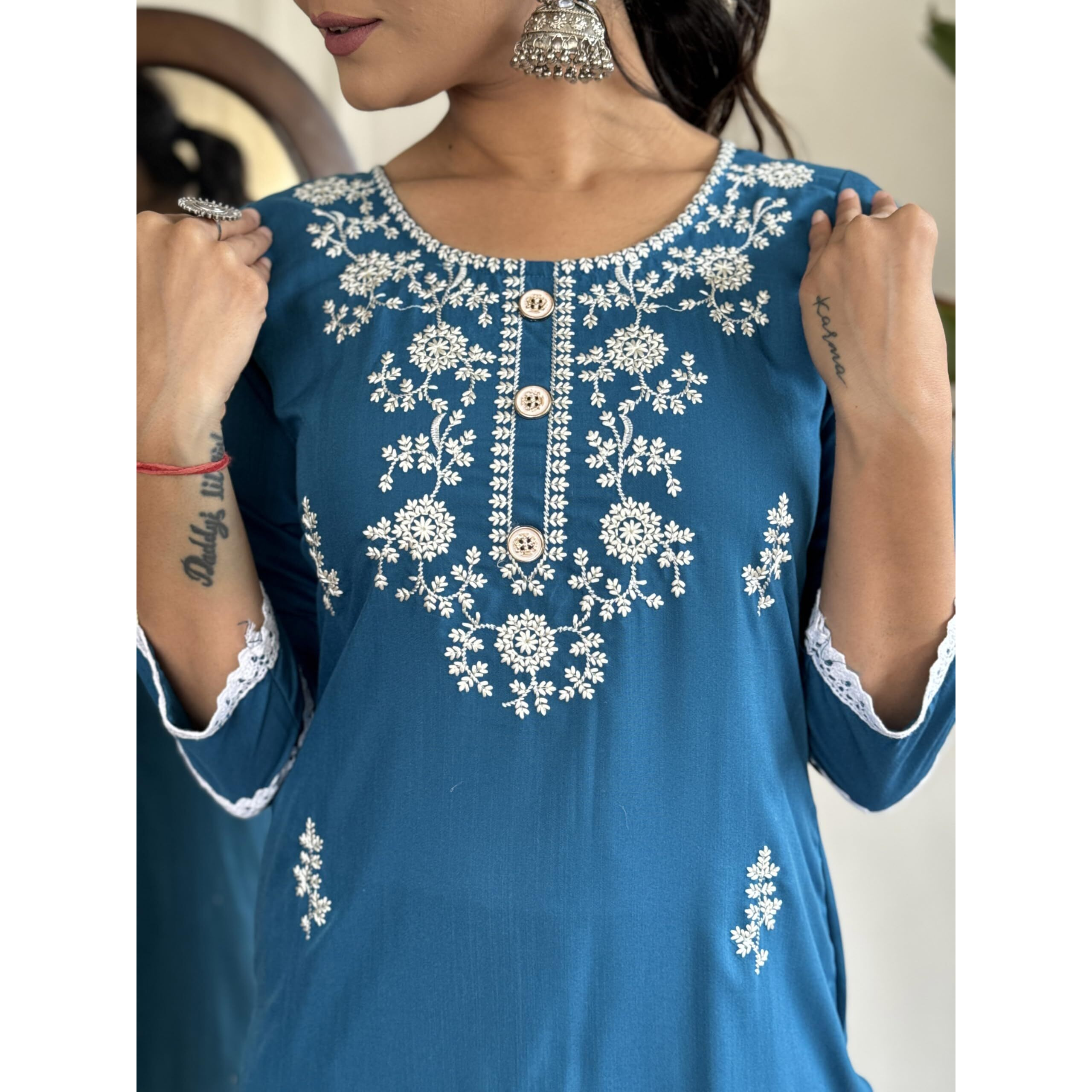 Navlik Women's Petrol Rayon Slub Embroidered Straight Kurta with Rayon Slub Pant and Nazneen Printed Dupatta Sets (NK-SC-Janvi)