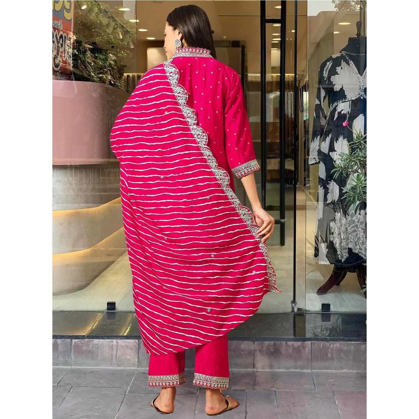 Navlik Women's Rani Viscose Embroidered Straight Kurta with Viscose Pant And Muslin Laced Dupatta Sets (NK-SC-Jenny)