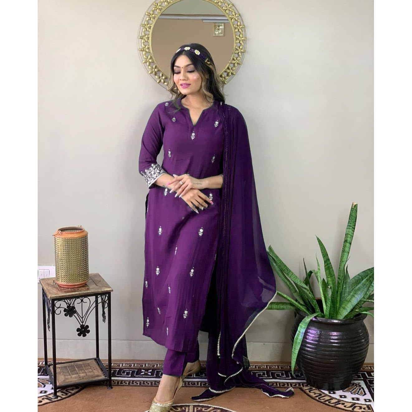 Navlik Women's Wine Rayon Slub Embroidered Straight Kurta with Rayon Slub Pant and Chinon Laced Dupatta Sets (NK-SC-Jessica)