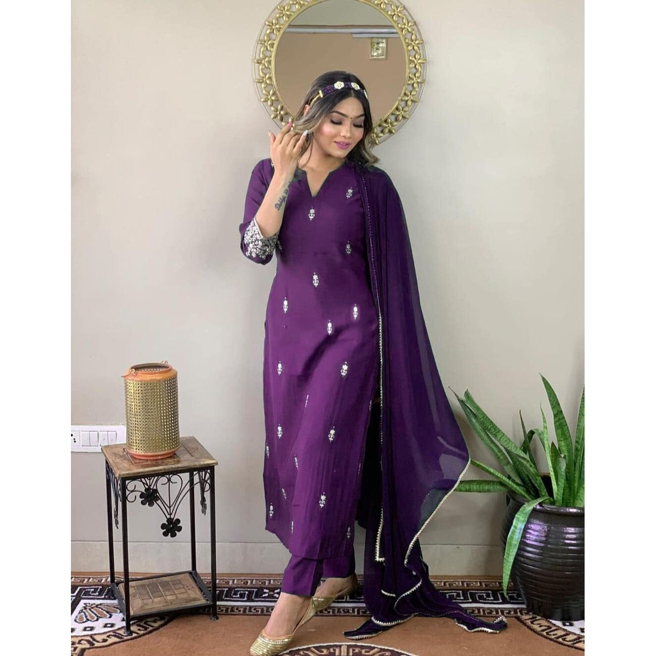 Navlik Women's Wine Rayon Slub Embroidered Straight Kurta with Rayon Slub Pant and Chinon Laced Dupatta Sets (NK-SC-Jessica)