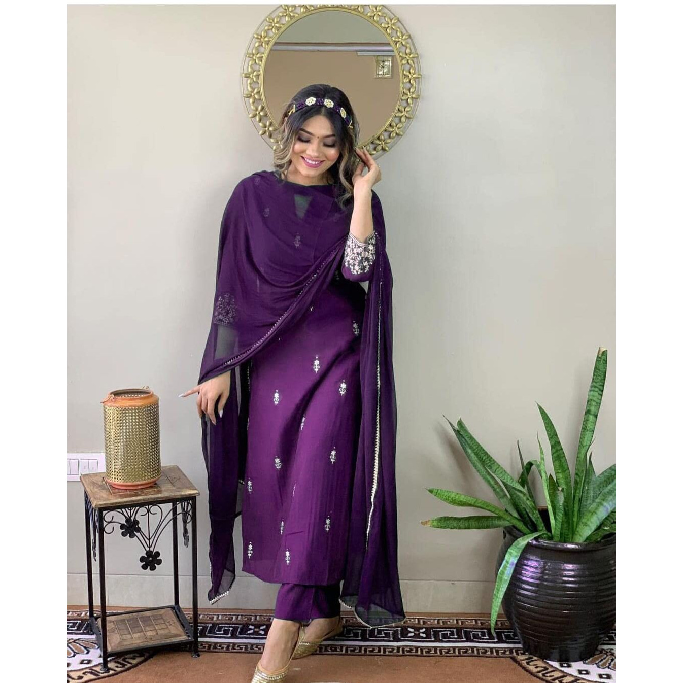 Navlik Women's Wine Rayon Slub Embroidered Straight Kurta with Rayon Slub Pant and Chinon Laced Dupatta Sets (NK-SC-Jessica)