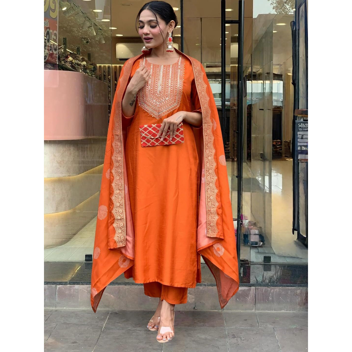 Navlik Women's Orange Chanderi Silk Embroidered Straight Kurta with Chanderi Silk Pant and Chanderi Jacquard Dupatta Sets (NK-SC-Kritva-Orange)