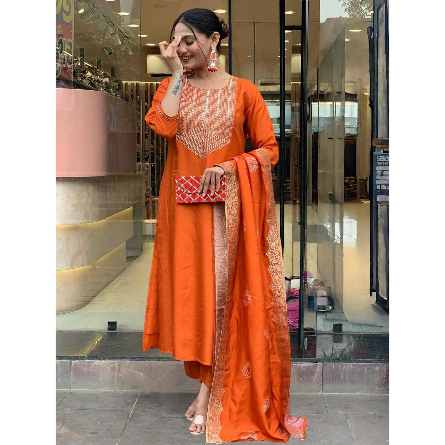 Navlik Women's Orange Chanderi Silk Embroidered Straight Kurta with Chanderi Silk Pant and Chanderi Jacquard Dupatta Sets (NK-SC-Kritva-Orange)