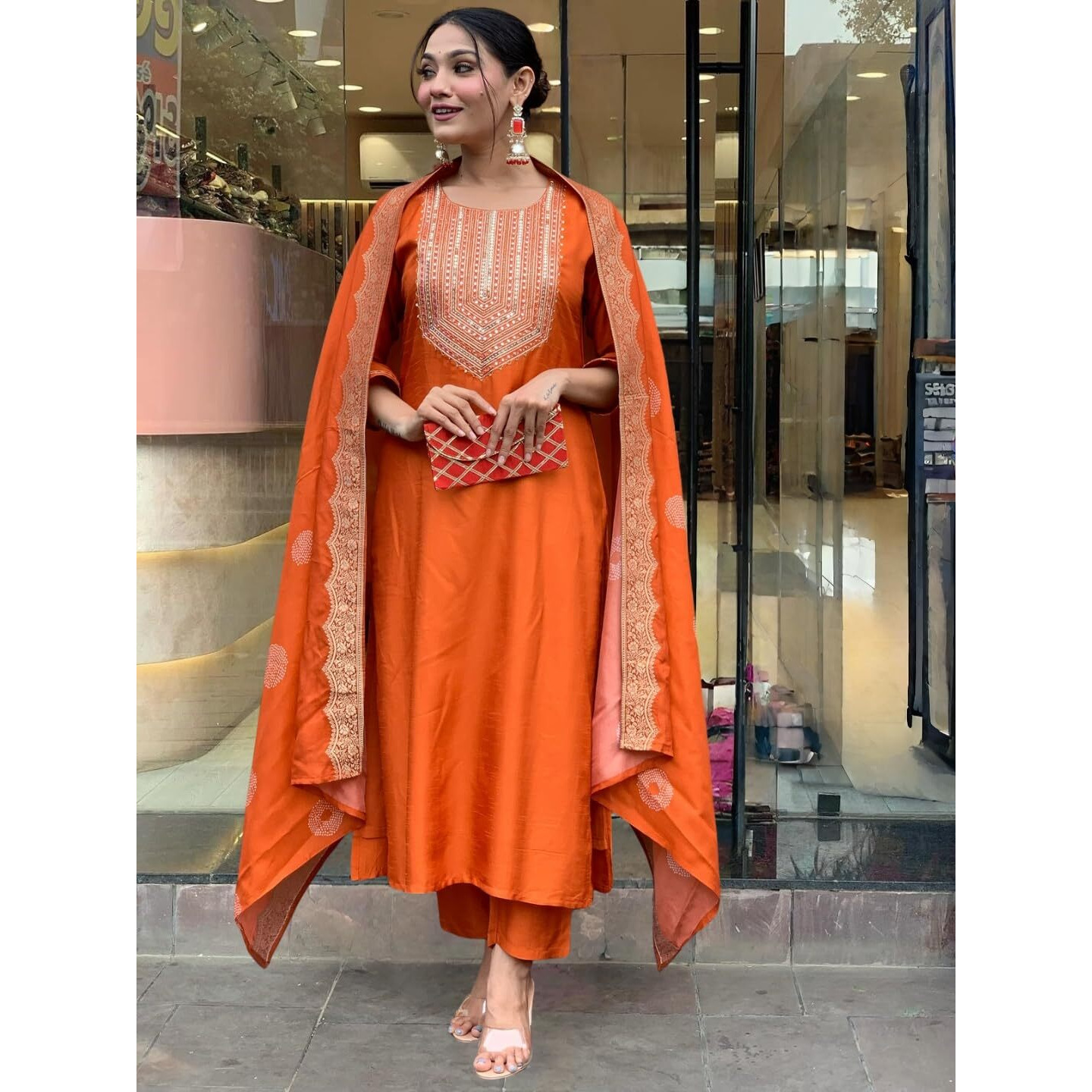 Navlik Women's Orange Chanderi Silk Embroidered Straight Kurta with Chanderi Silk Pant and Chanderi Jacquard Dupatta Sets (NK-SC-Kritva-Orange)