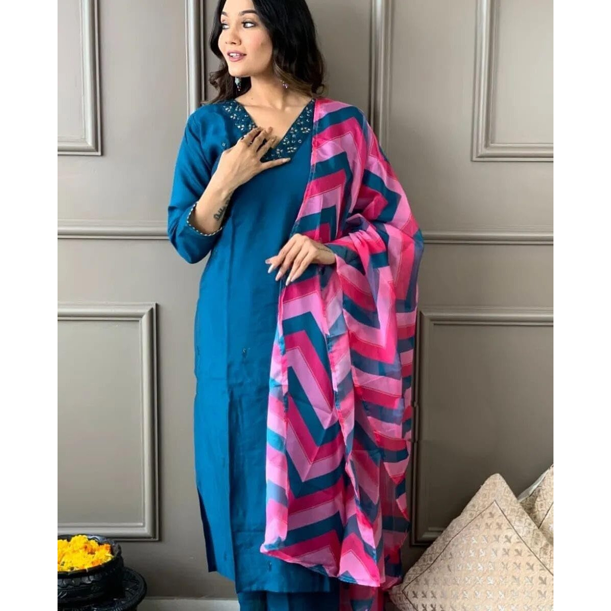 Navlik Women's Petrol Rayon Slub Embroidered Straight Kurta with Rayon Slub Pant and Organza Printed Dupatta Sets (NK-SC-Mahek)