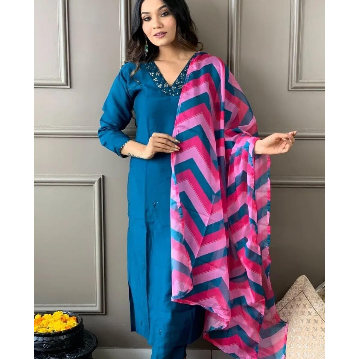Navlik Women's Petrol Rayon Slub Embroidered Straight Kurta with Rayon Slub Pant and Organza Printed Dupatta Sets (NK-SC-Mahek)