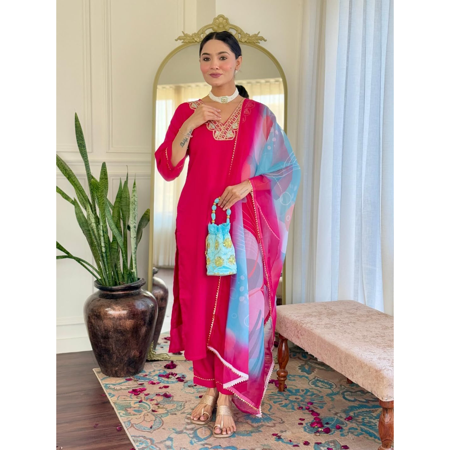 Navlik Women's Rayon Slub Embroidered Straight Kurta Pant and Dupatta Sets with 3/4 Sleeve V Neck Calf Length | Kurti Set for Woman
