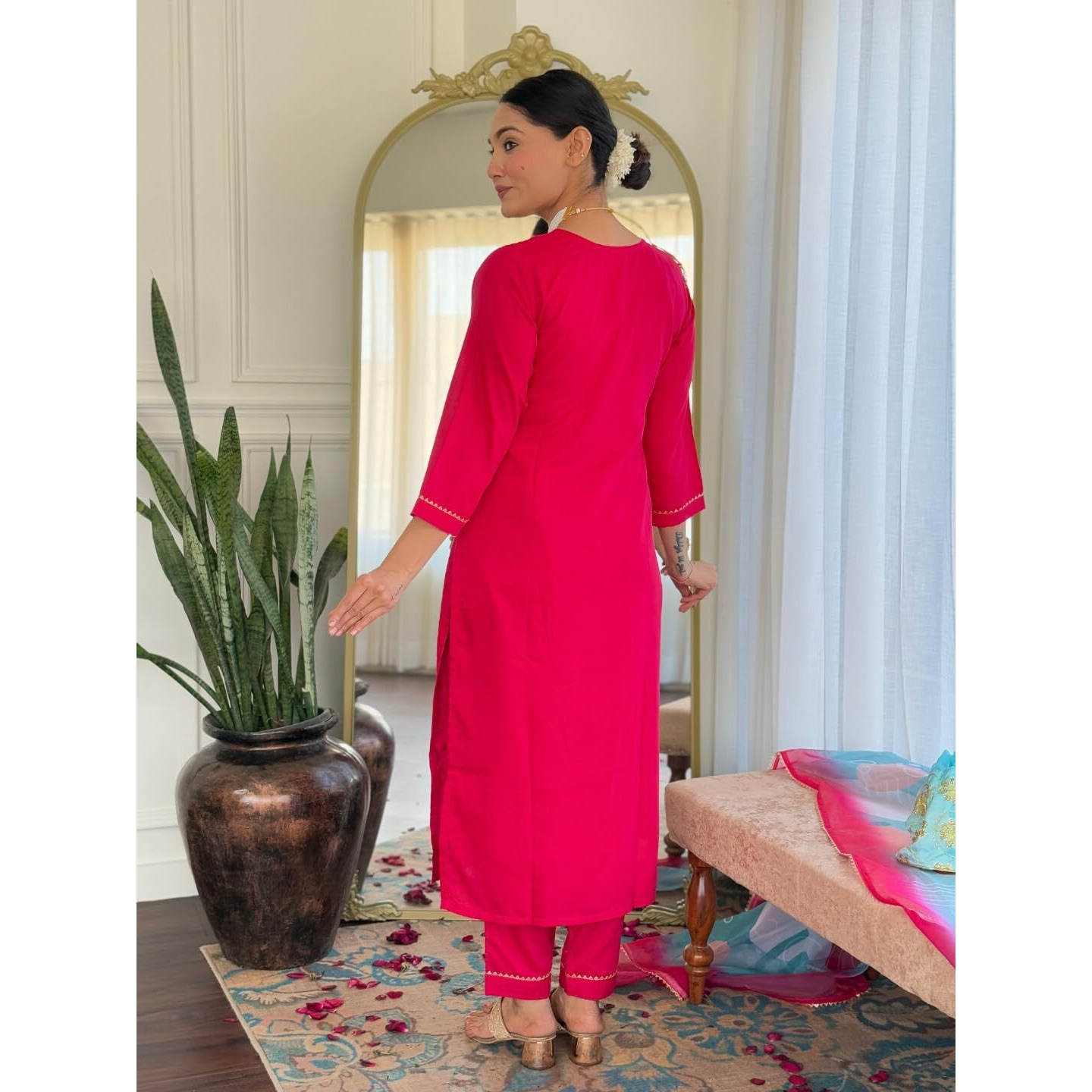 Navlik Women's Rayon Slub Embroidered Straight Kurta Pant and Dupatta Sets with 3/4 Sleeve V Neck Calf Length | Kurti Set for Woman