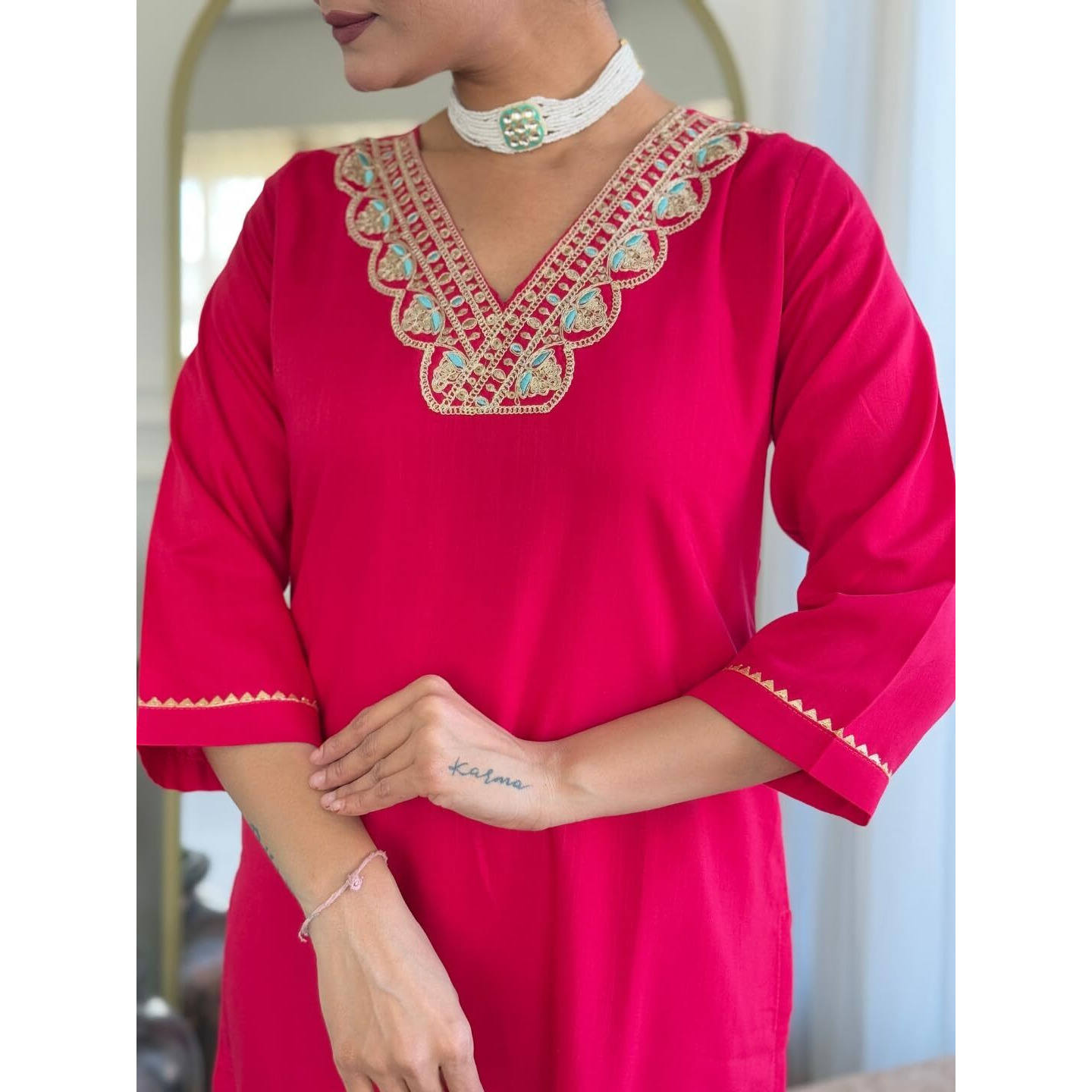 Navlik Women's Rayon Slub Embroidered Straight Kurta Pant and Dupatta Sets with 3/4 Sleeve V Neck Calf Length | Kurti Set for Woman