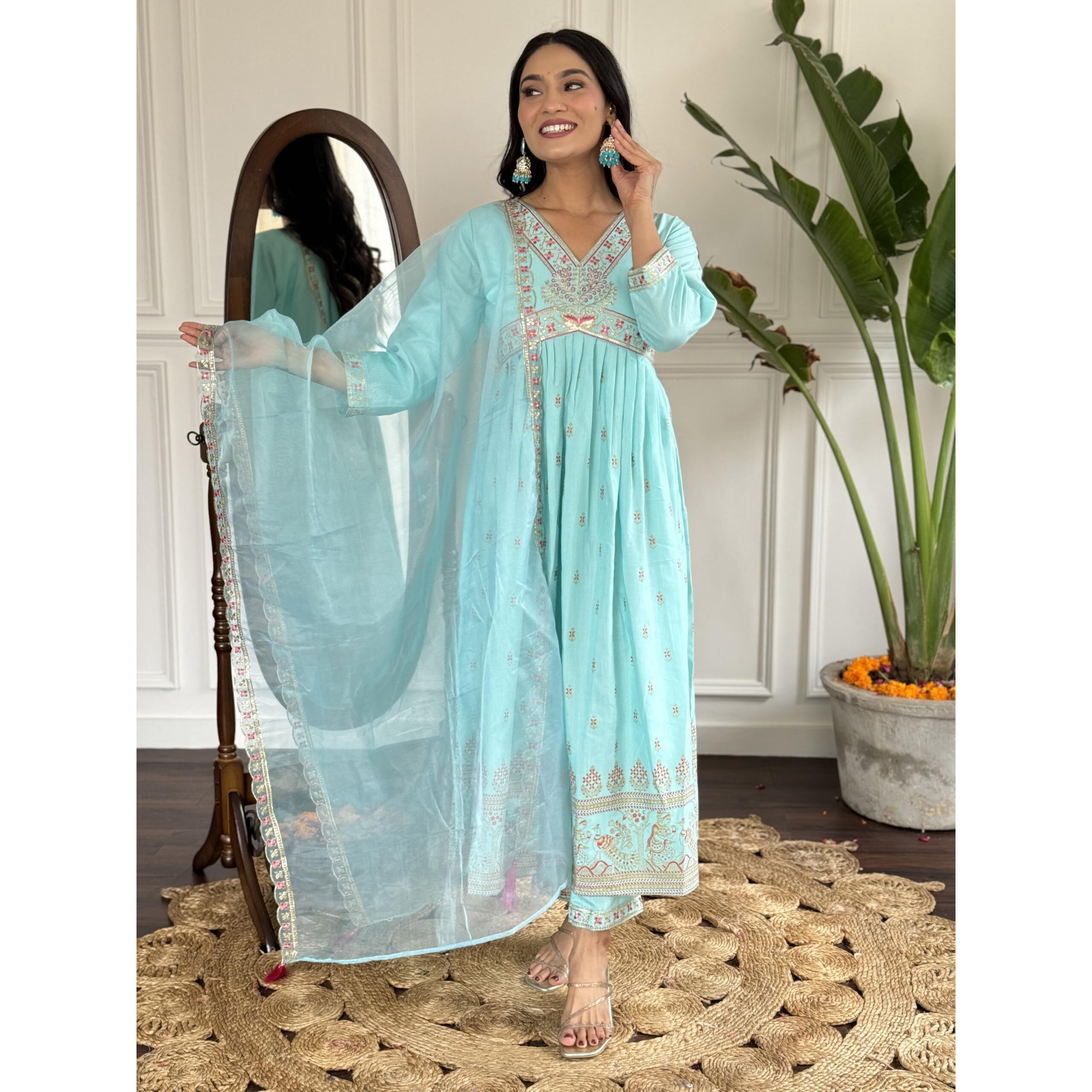 Navlik Women's Sky Rayon Slub Embroidered Flared Kurta with Rayon Slub Pant and Organza Laced Dupatta Sets (NK-SC-Manjari)