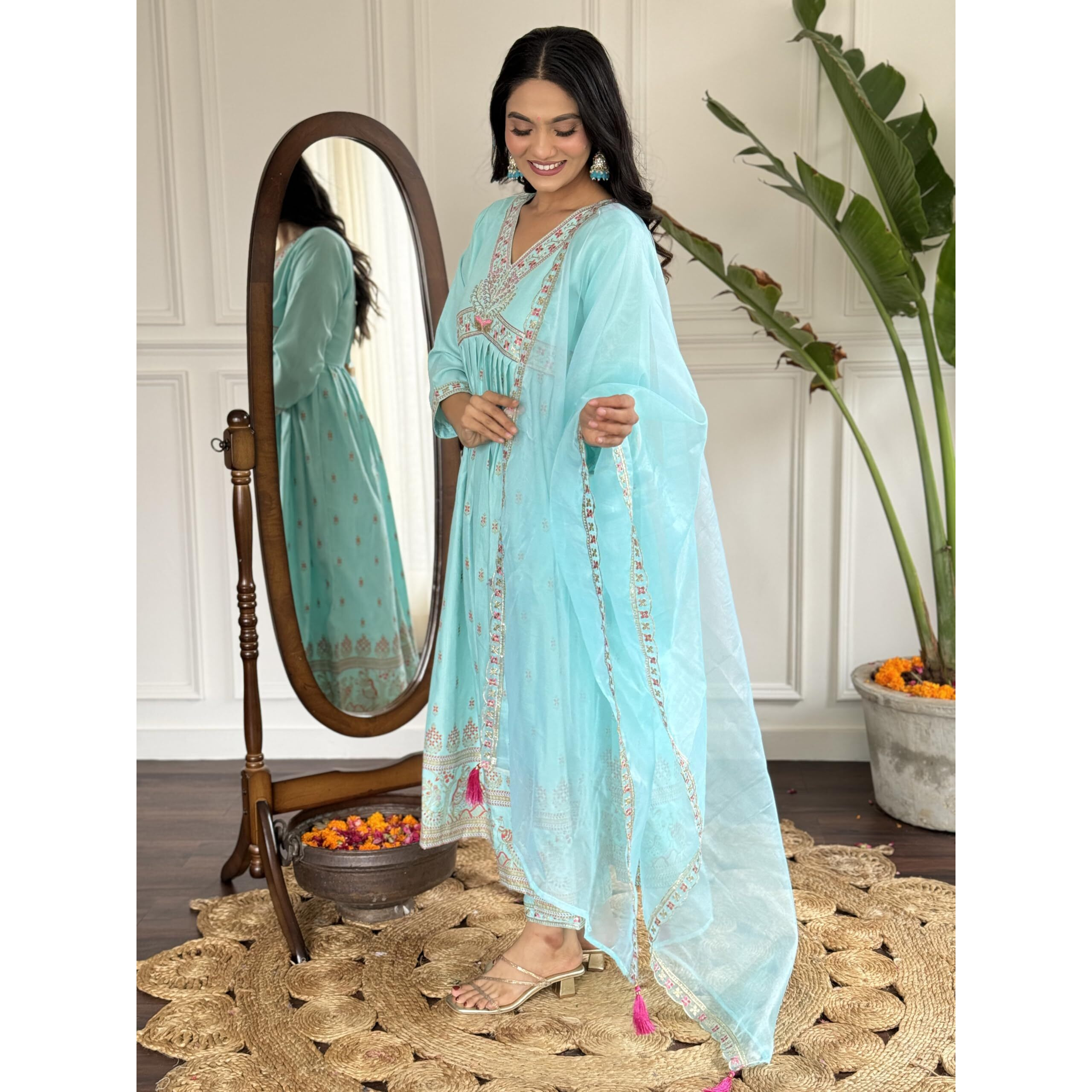 Navlik Women's Sky Rayon Slub Embroidered Flared Kurta with Rayon Slub Pant and Organza Laced Dupatta Sets (NK-SC-Manjari)