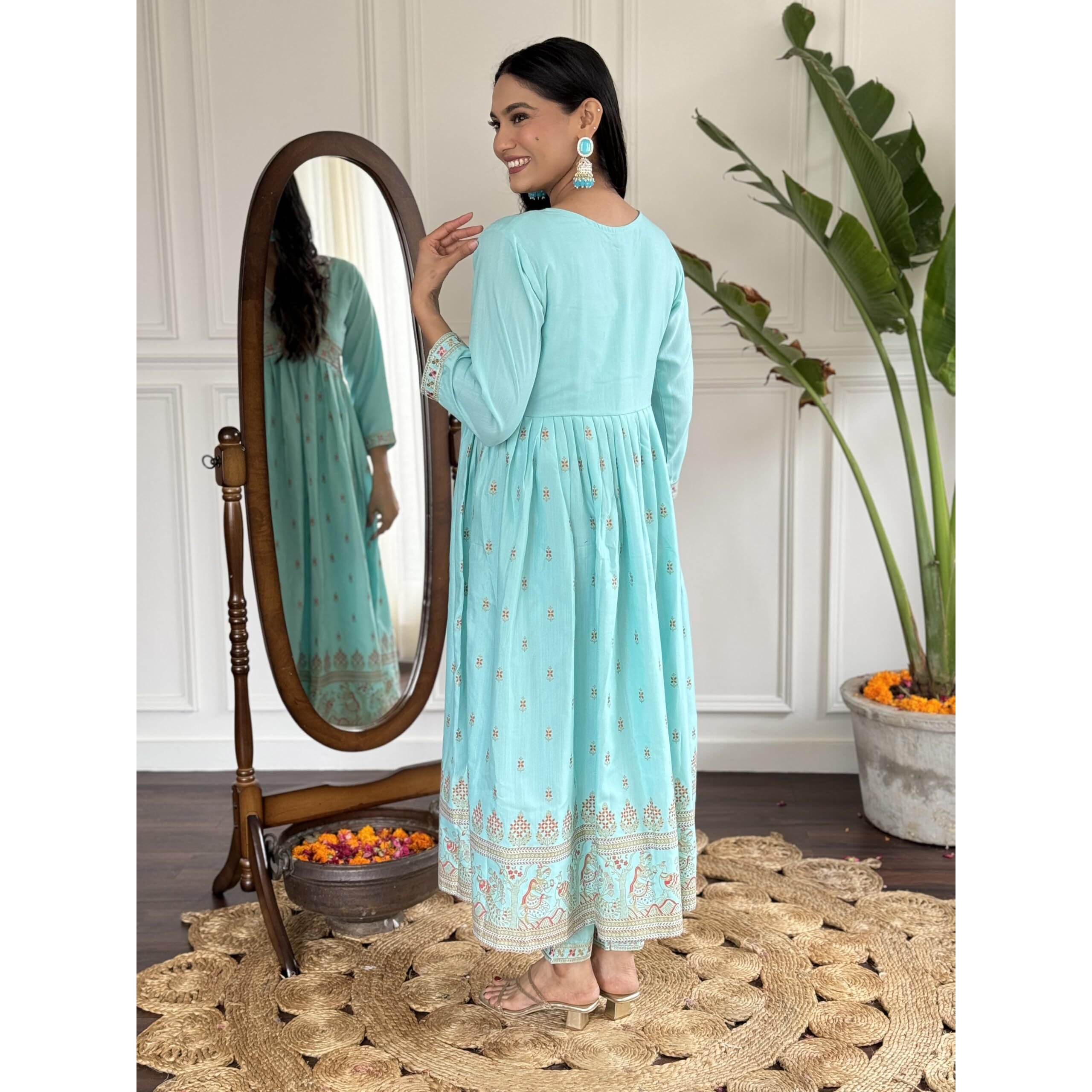 Navlik Women's Sky Rayon Slub Embroidered Flared Kurta with Rayon Slub Pant and Organza Laced Dupatta Sets (NK-SC-Manjari)