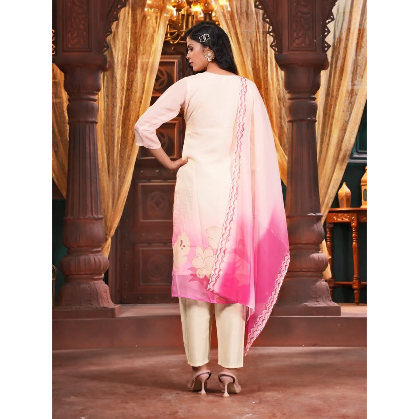 Navlik Women's Chiku Taby Printed Straight Kurta with Chanderi Pant and Taby Printed Dupatta Sets (NK-SC-Naomika)