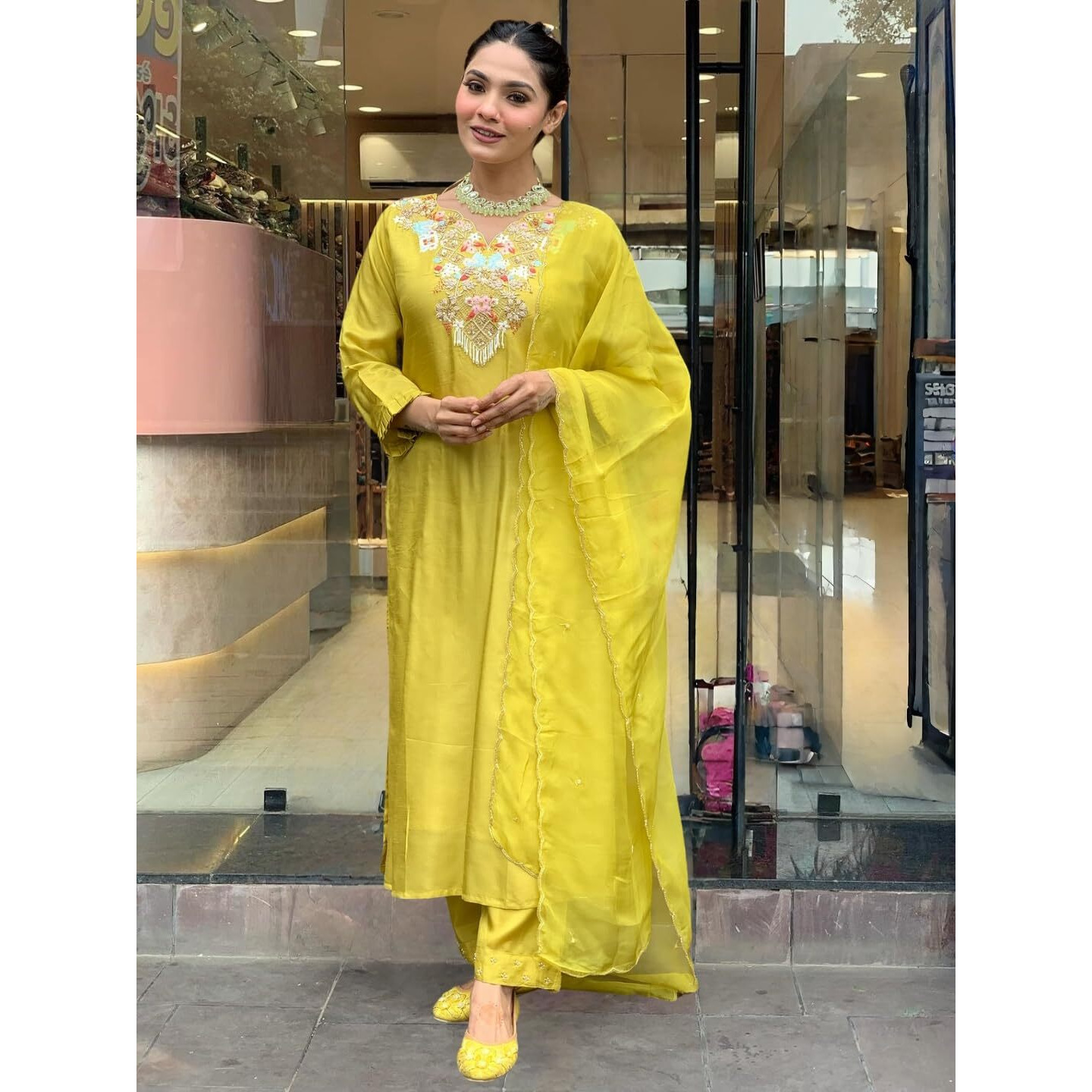 Navlik Women's Lemon Yellow Chanderi Silk Embroidered Straight Kurta with Chanderi Silk Pant and Organza Embroidered Dupatta Sets (SC-Navya)