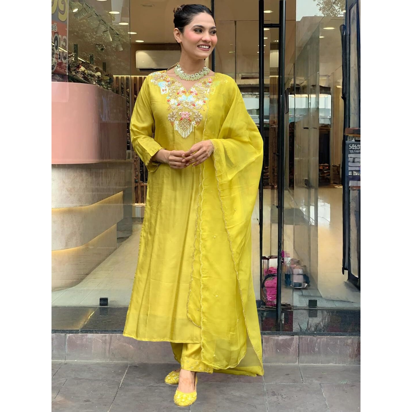 Navlik Women's Lemon Yellow Chanderi Silk Embroidered Straight Kurta with Chanderi Silk Pant and Organza Embroidered Dupatta Sets (SC-Navya)