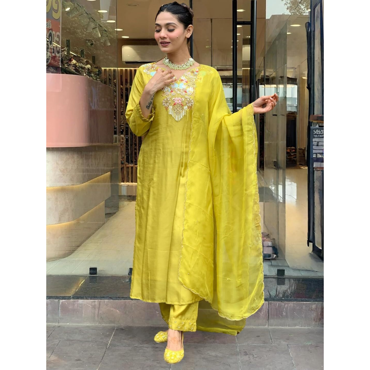Navlik Women's Lemon Yellow Chanderi Silk Embroidered Straight Kurta with Chanderi Silk Pant and Organza Embroidered Dupatta Sets (SC-Navya)