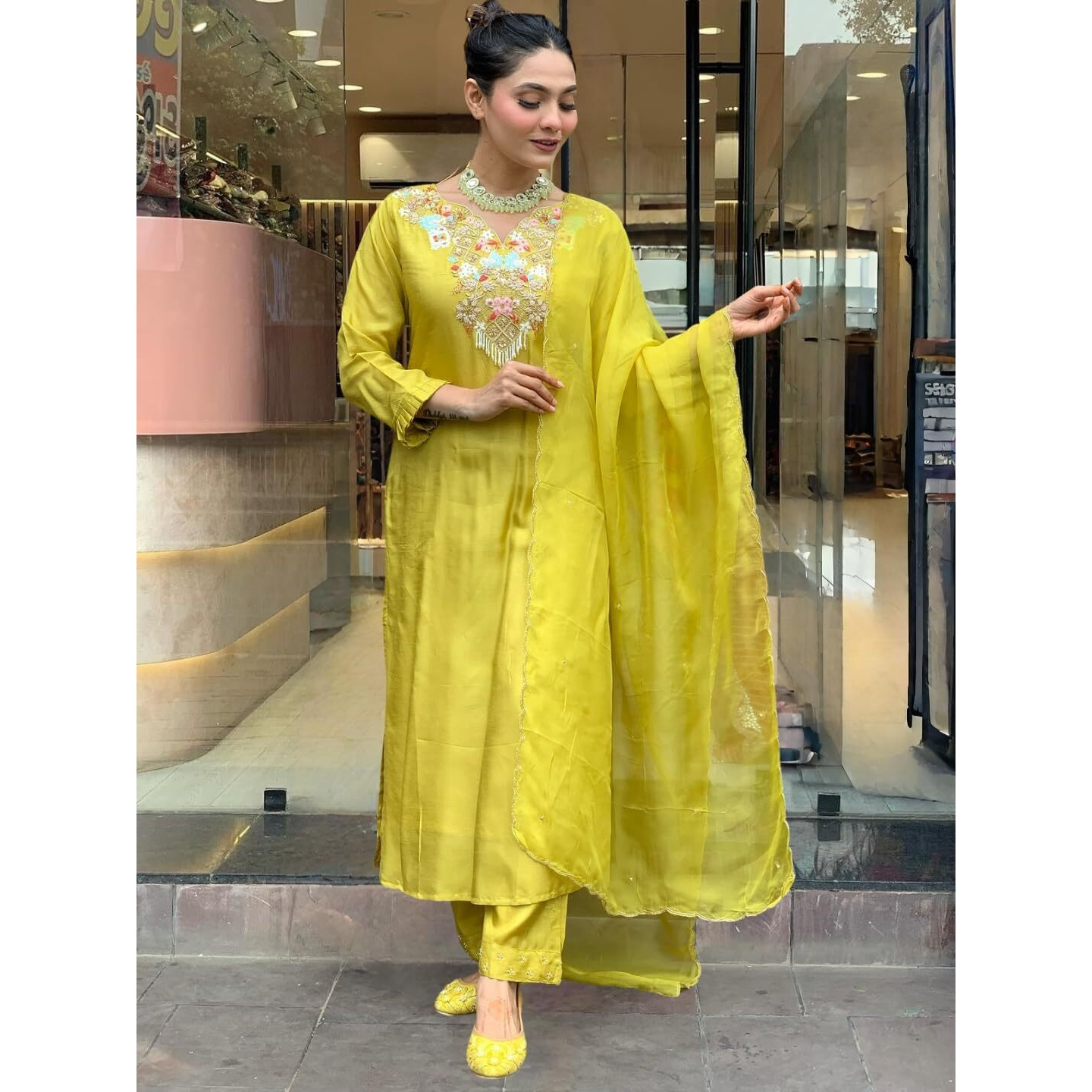 Navlik Women's Lemon Yellow Chanderi Silk Embroidered Straight Kurta with Chanderi Silk Pant and Organza Embroidered Dupatta Sets (SC-Navya)