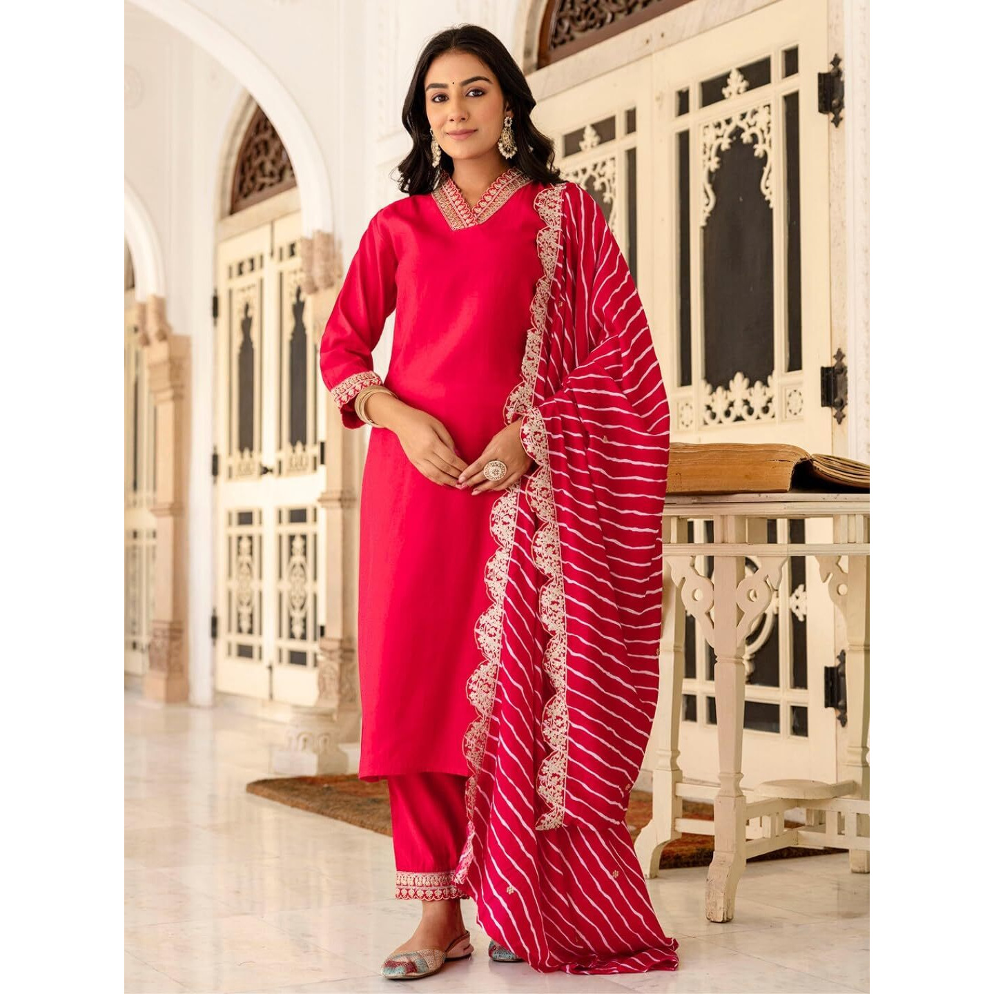 Navlik Women's Red Chanderi Embroidered Straight Kurta with Chanderi Pant and Muslin Printed Dupatta Sets (NK-SC-Parul)