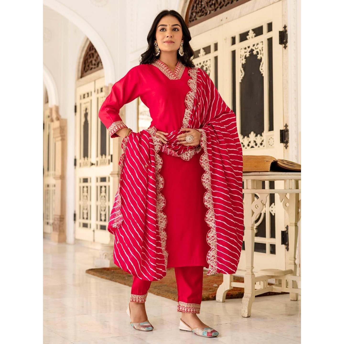 Navlik Women's Red Chanderi Embroidered Straight Kurta with Chanderi Pant and Muslin Printed Dupatta Sets (NK-SC-Parul)