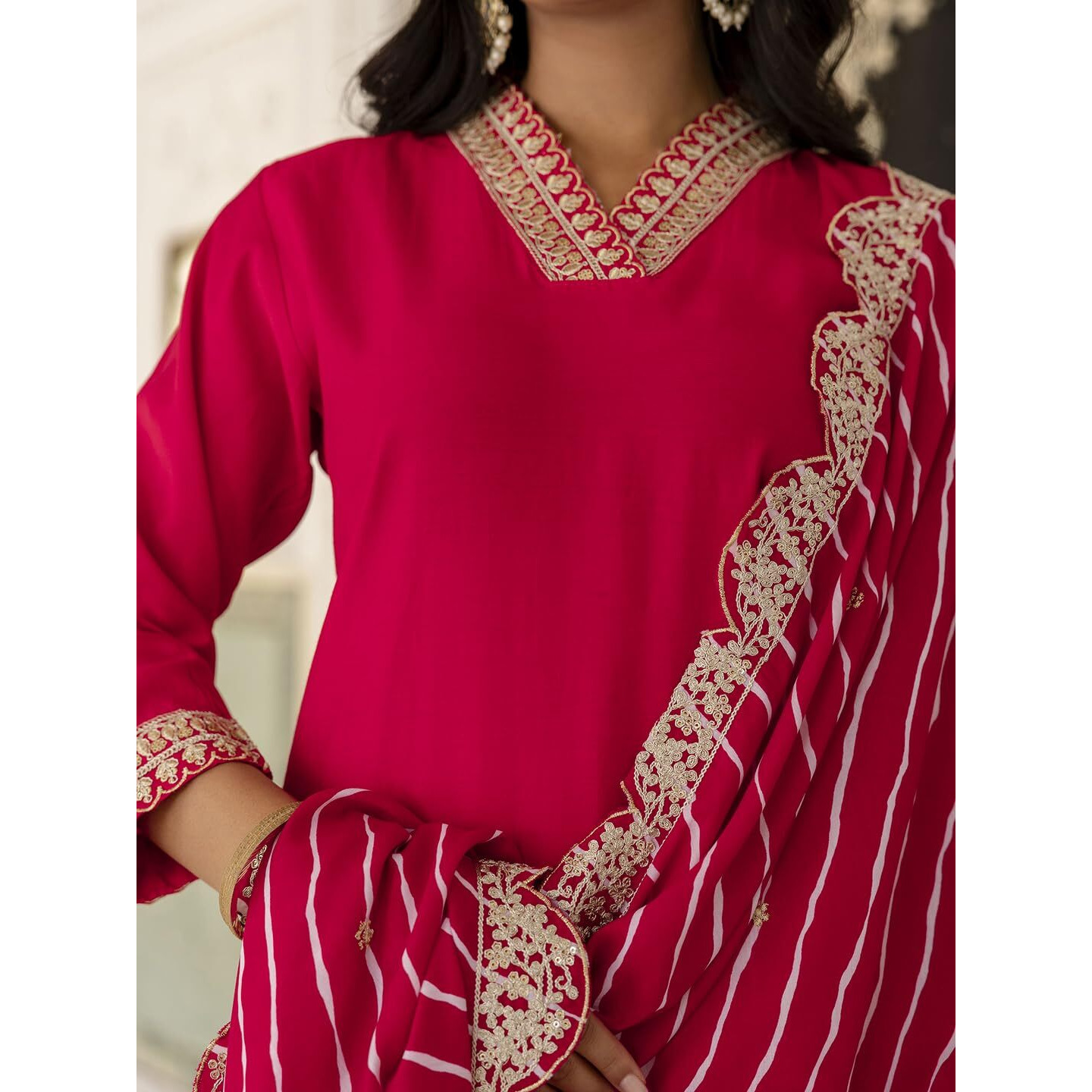 Navlik Women's Red Chanderi Embroidered Straight Kurta with Chanderi Pant and Muslin Printed Dupatta Sets (NK-SC-Parul)