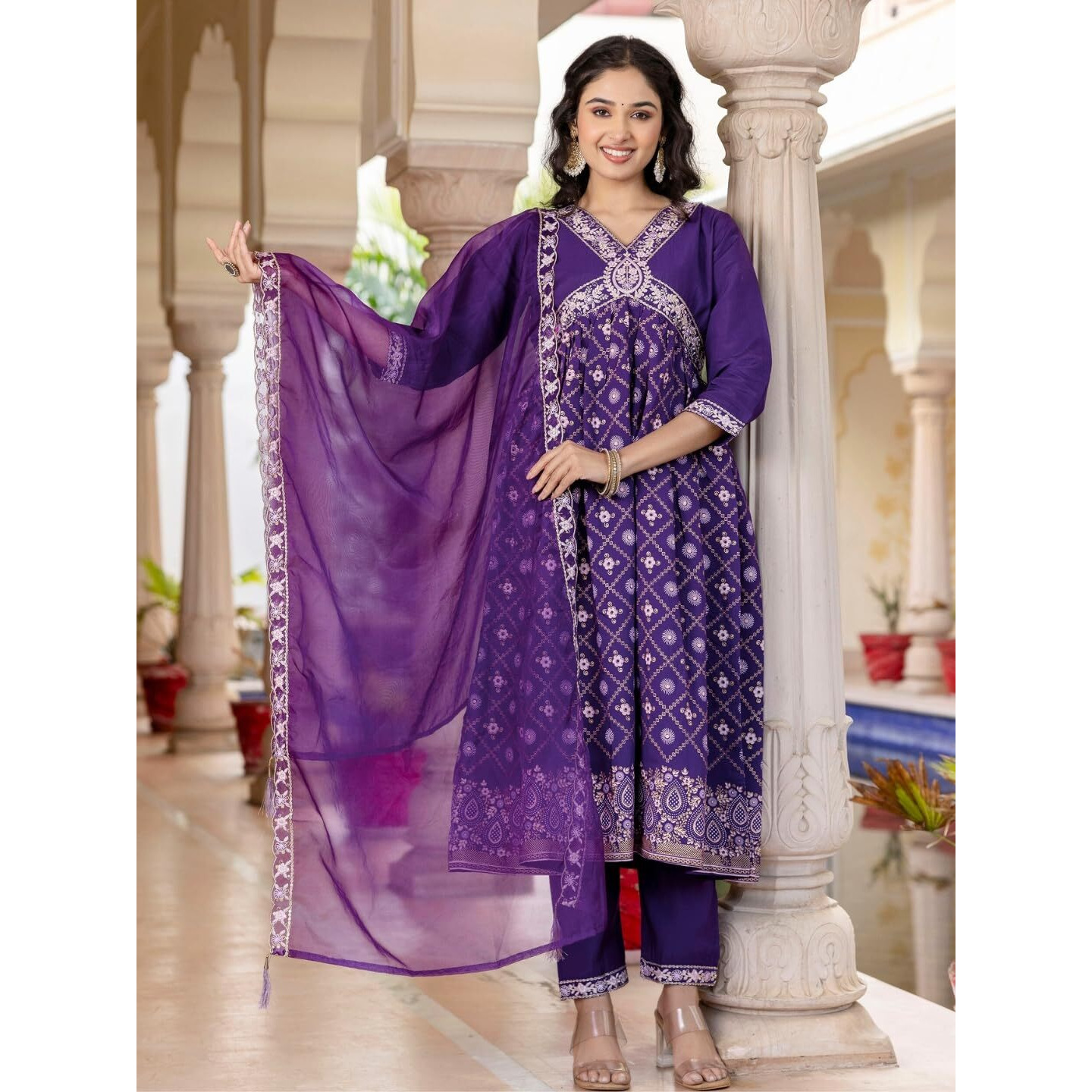 Navlik Women's Chanderi Silk Embroidered Flared Kurta with Pant and Dupatta Sets (SC-Raavi)