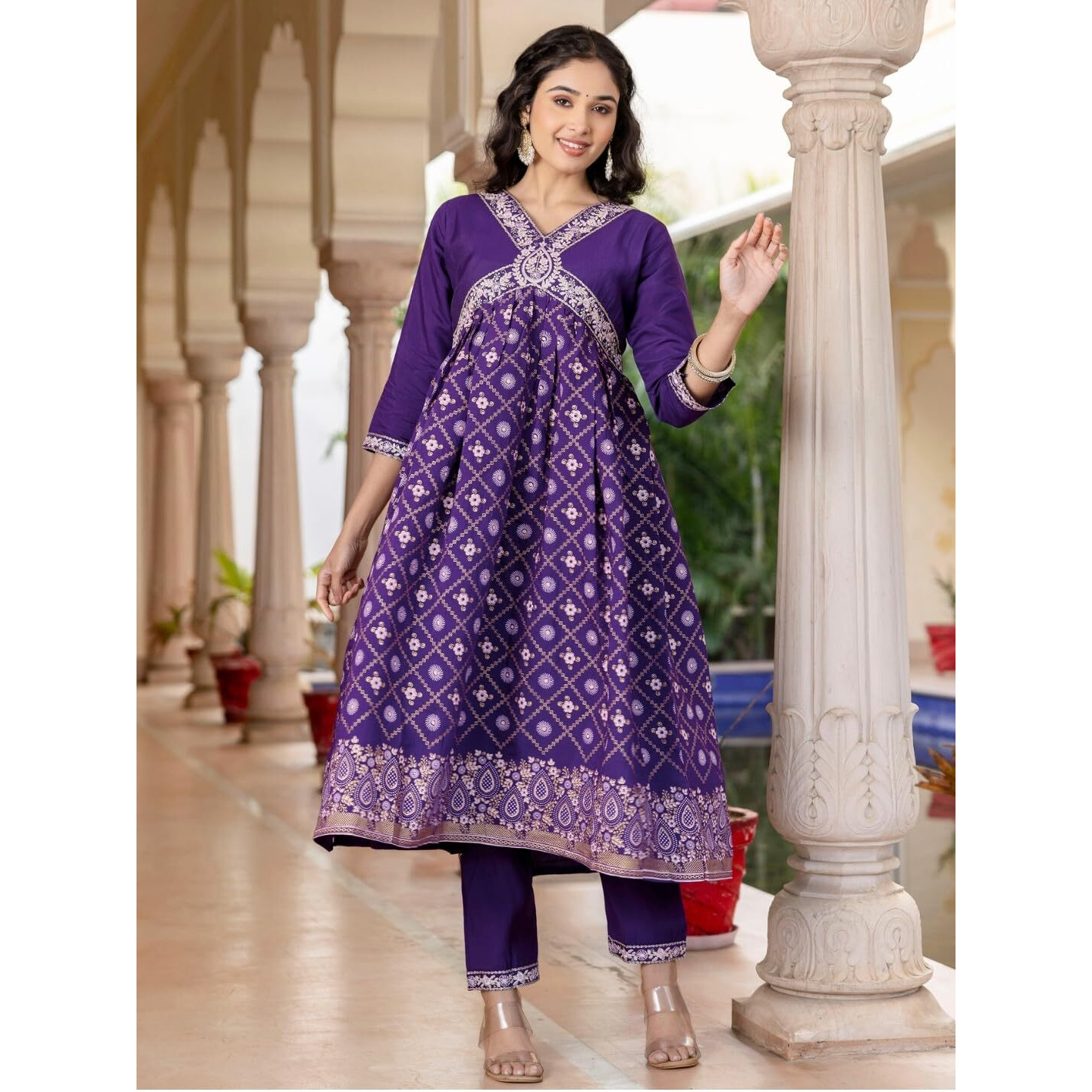 Navlik Women's Chanderi Silk Embroidered Flared Kurta with Pant and Dupatta Sets (SC-Raavi)