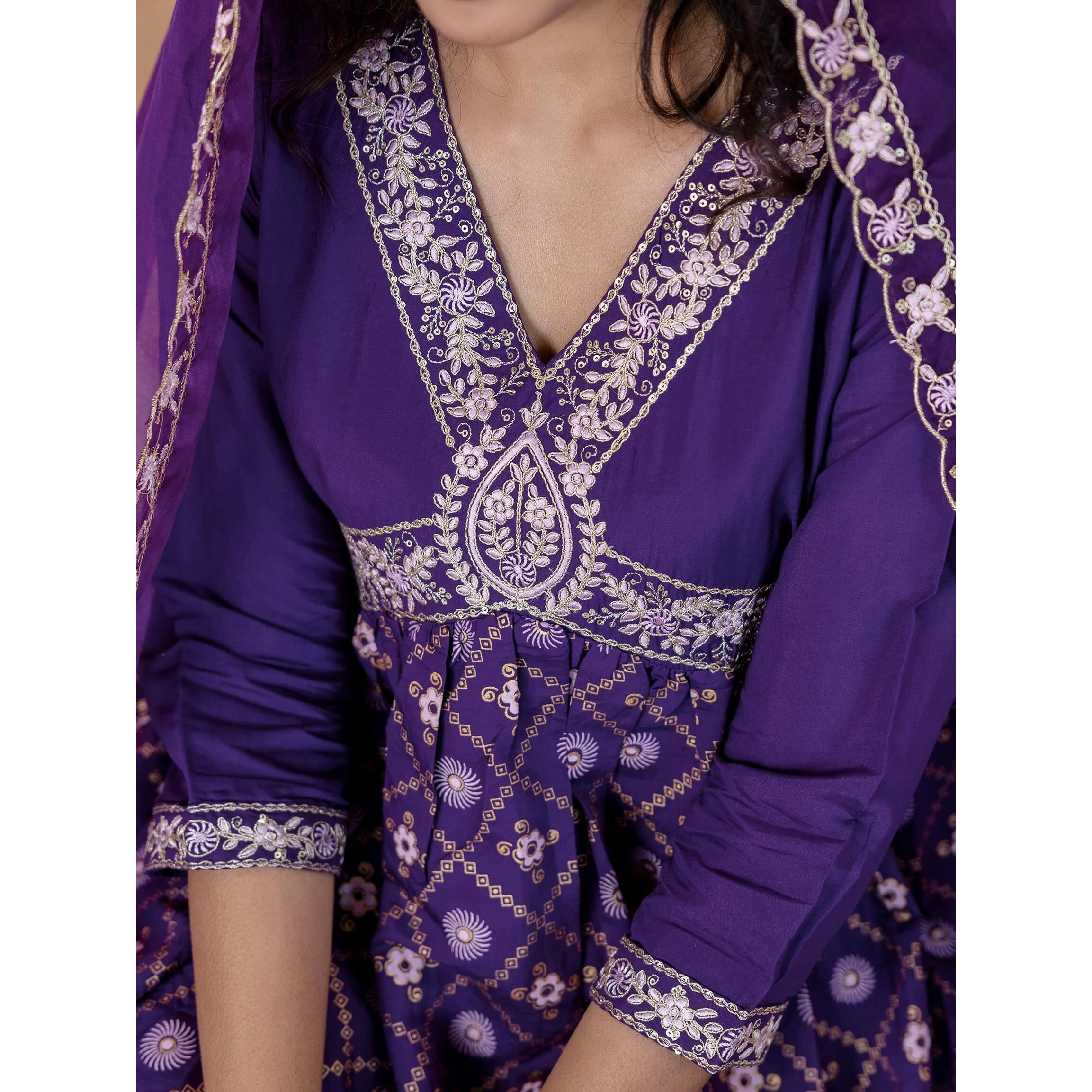 Navlik Women's Chanderi Silk Embroidered Flared Kurta with Pant and Dupatta Sets (SC-Raavi)