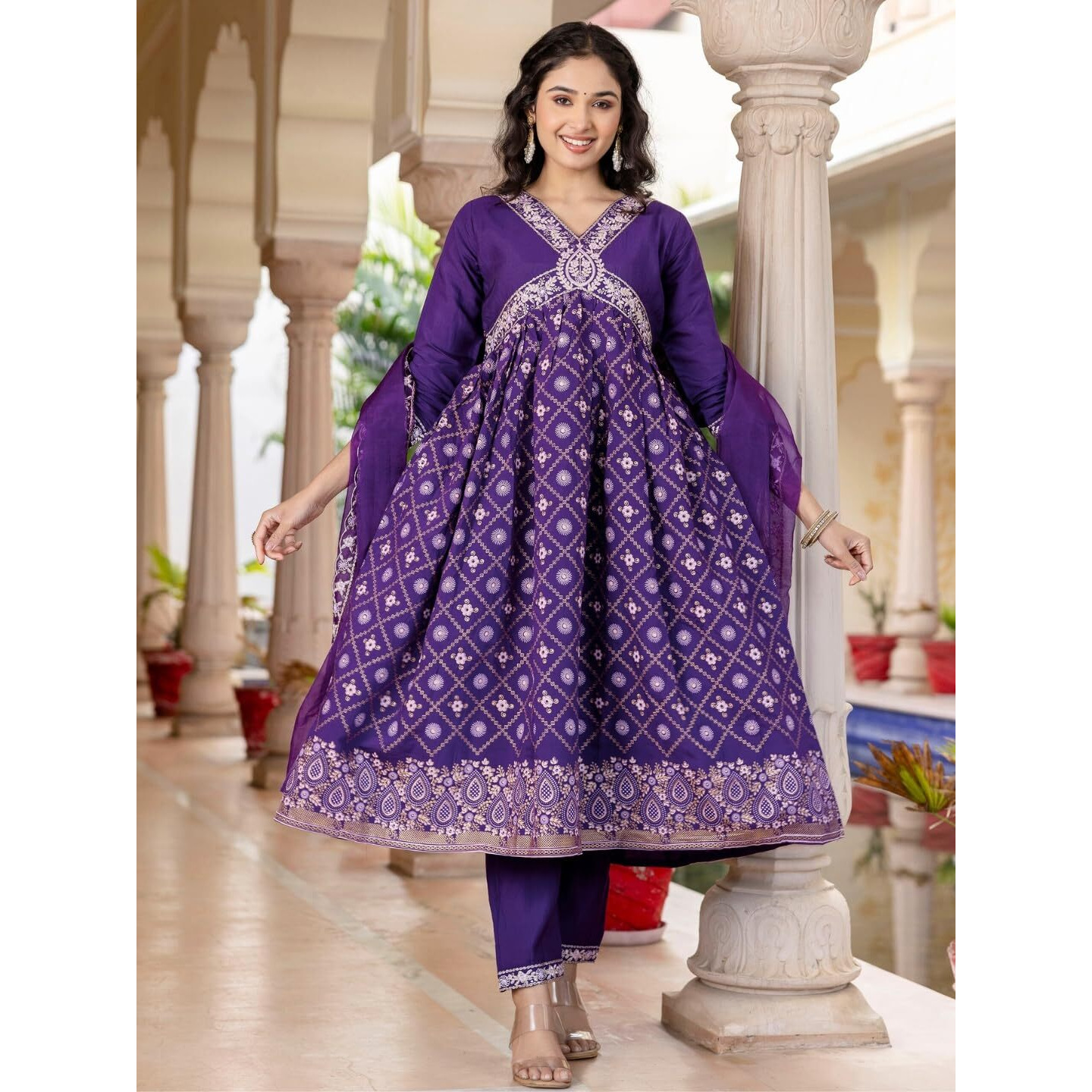 Navlik Women's Chanderi Silk Embroidered Flared Kurta with Pant and Dupatta Sets (SC-Raavi)