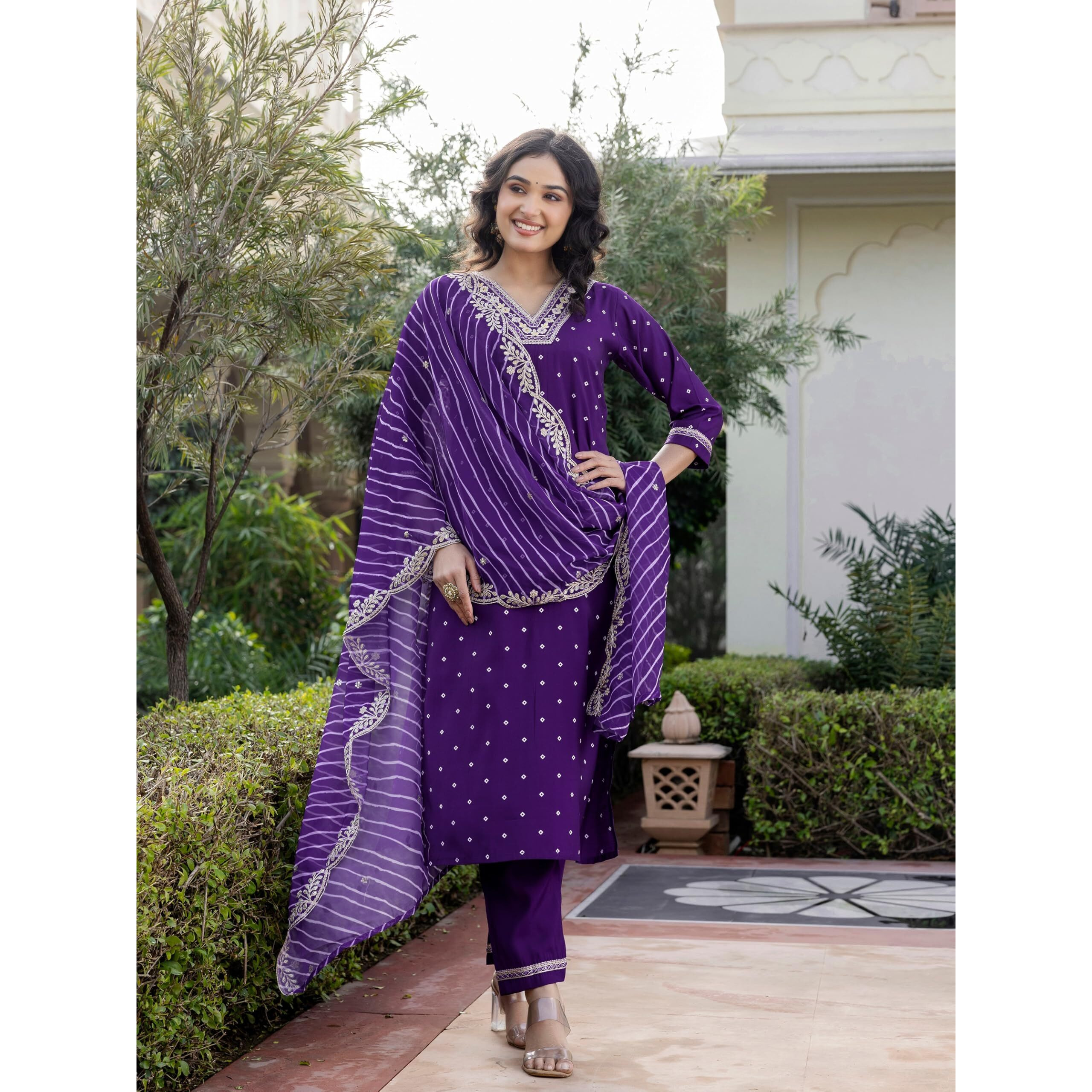Navlik Women's Violate Chanderi Silk Embroidered Straight Kurta with Chanderi Silk Pant and Taby Laced Dupatta Sets (NK-SC-Sakhi)