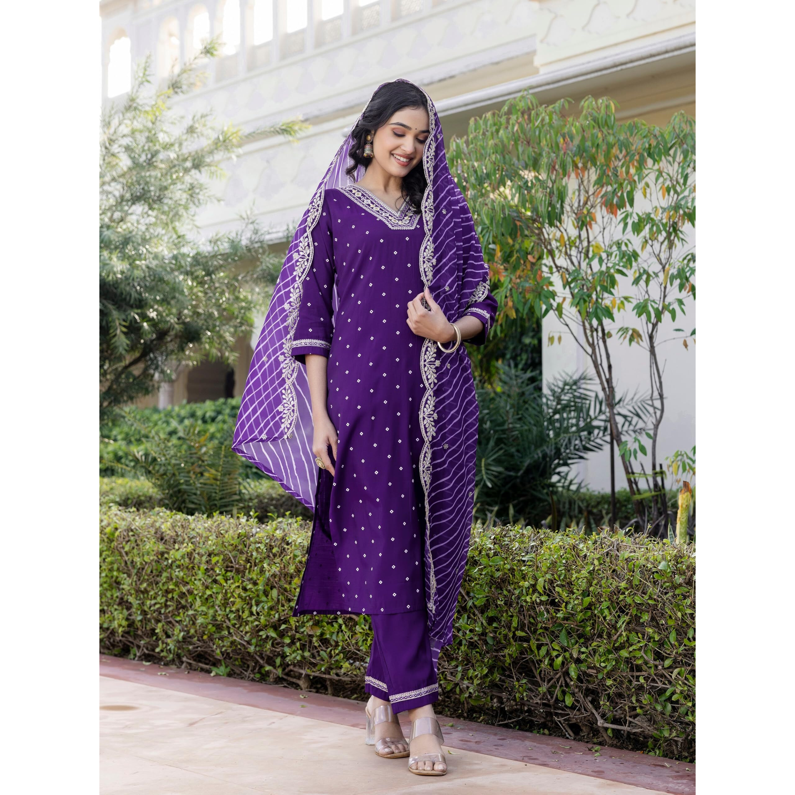 Navlik Women's Violate Chanderi Silk Embroidered Straight Kurta with Chanderi Silk Pant and Taby Laced Dupatta Sets (NK-SC-Sakhi)