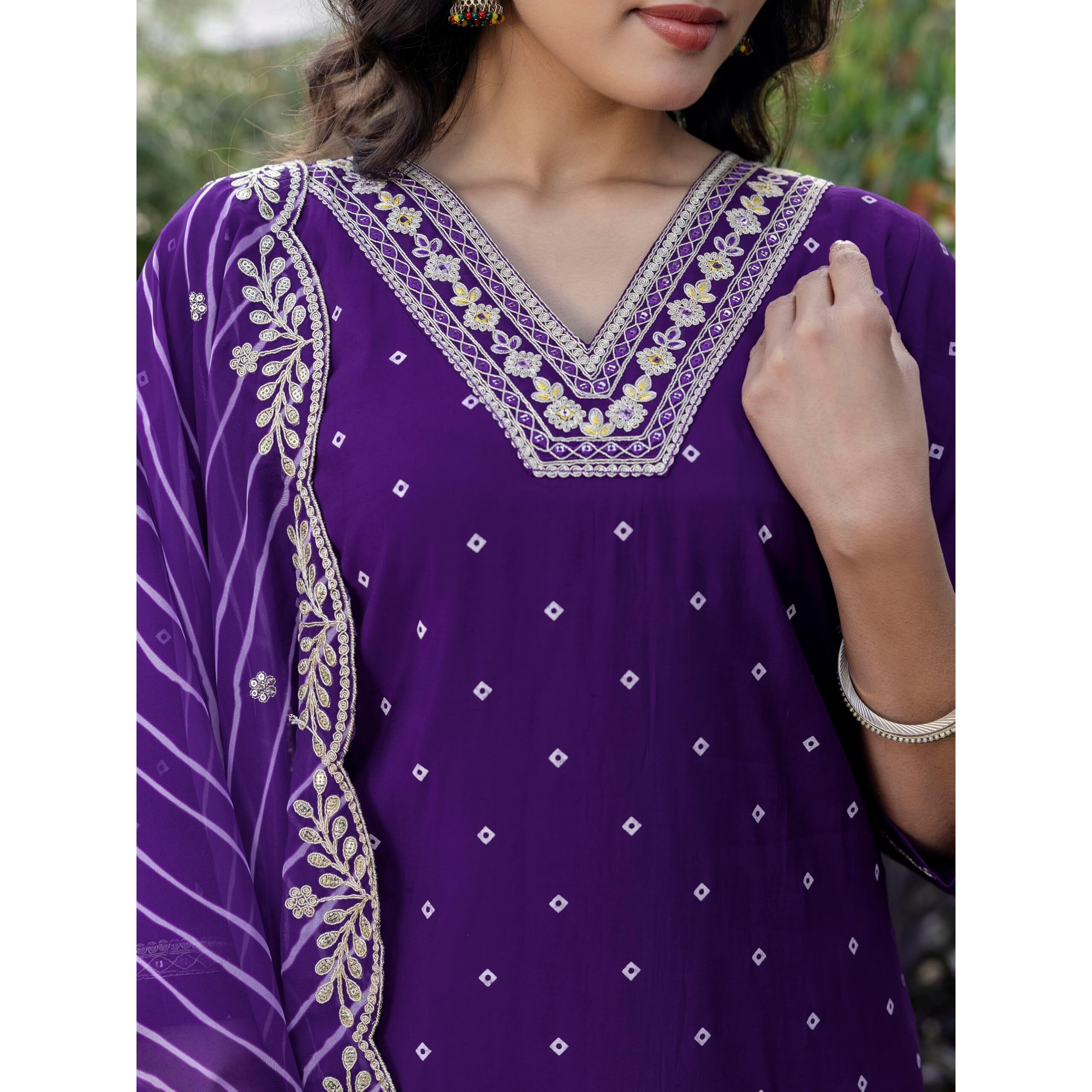 Navlik Women's Violate Chanderi Silk Embroidered Straight Kurta with Chanderi Silk Pant and Taby Laced Dupatta Sets (NK-SC-Sakhi)