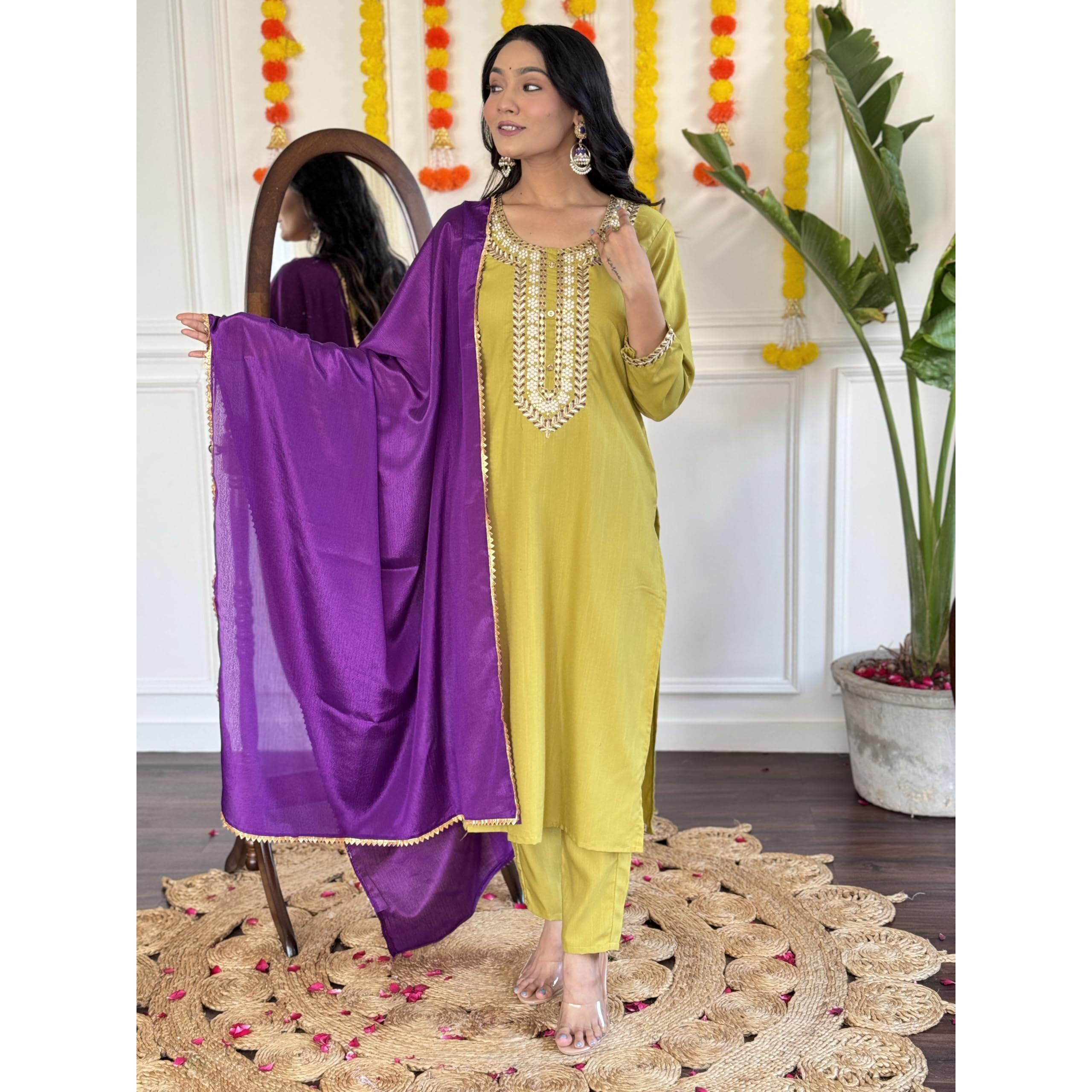 Navlik Women's Lemon Yellow Rayon Slub Embroidered Straight Kurta with Rayon Slub Pant and Chinon Laced Dupatta Sets (NK-SC-Vastra)