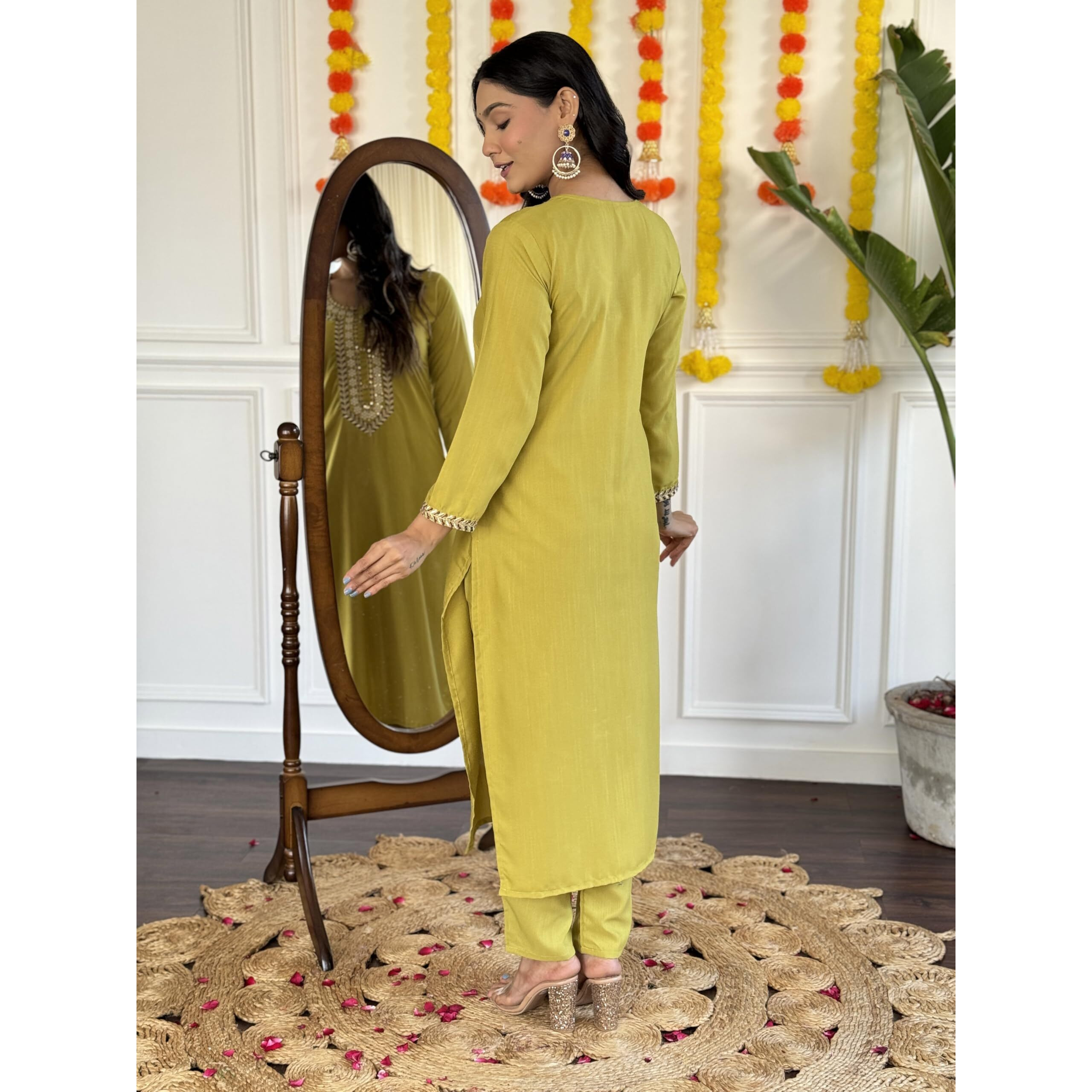 Navlik Women's Lemon Yellow Rayon Slub Embroidered Straight Kurta with Rayon Slub Pant and Chinon Laced Dupatta Sets (NK-SC-Vastra)