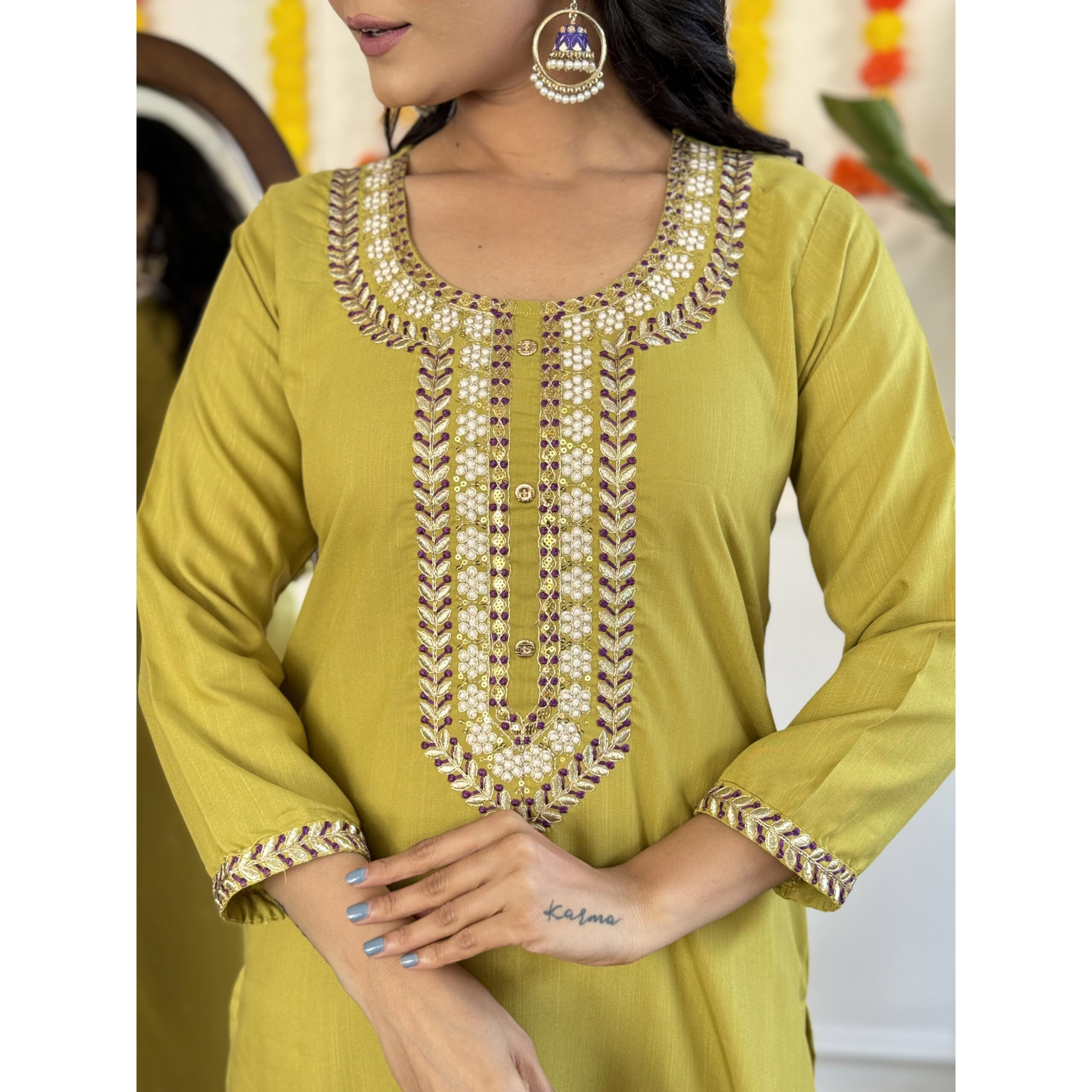 Navlik Women's Lemon Yellow Rayon Slub Embroidered Straight Kurta with Rayon Slub Pant and Chinon Laced Dupatta Sets (NK-SC-Vastra)