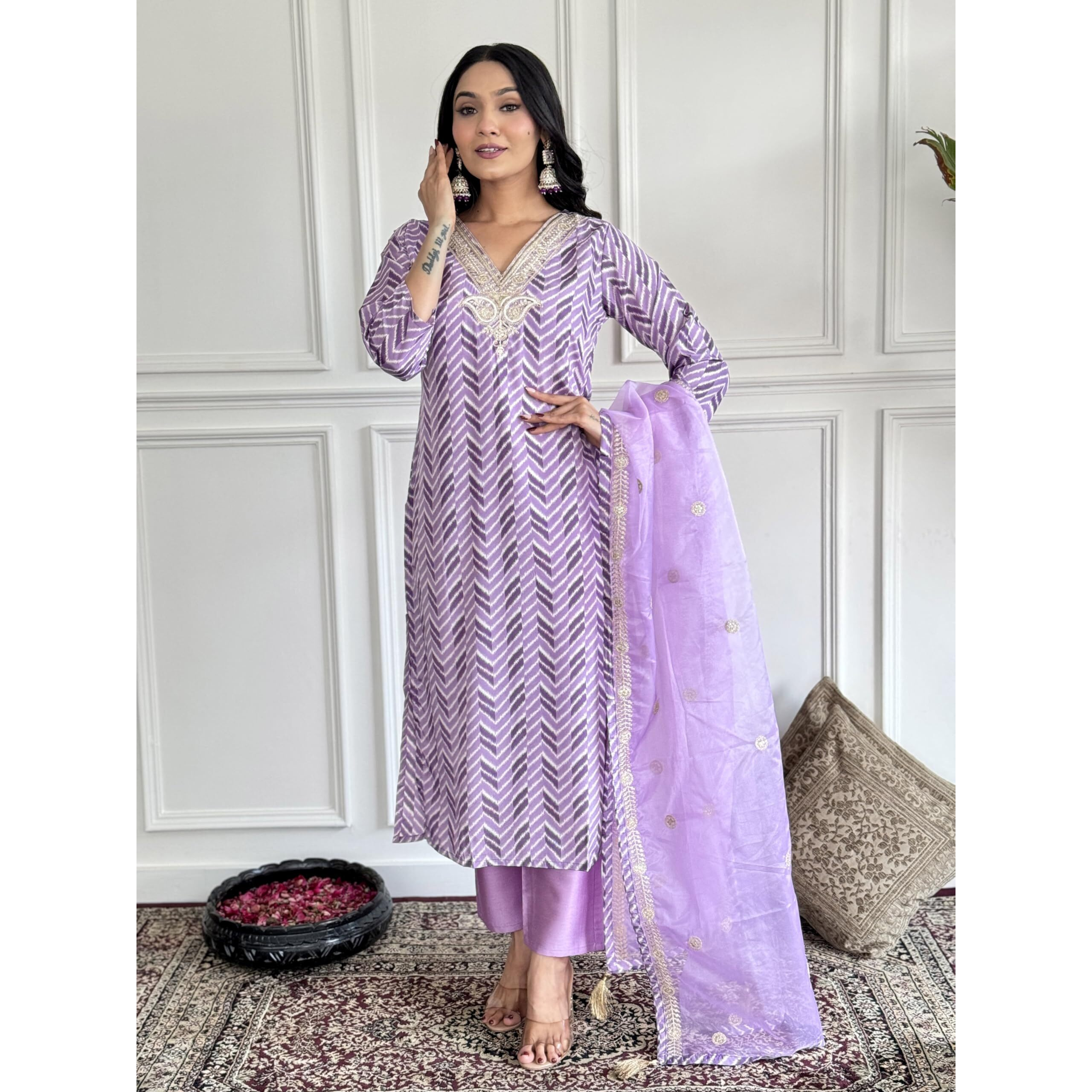 Navlik Women's Purple French Crepe Embroidered and Printed Straight Kurta with Chanderi Pant and Pure Organza Embroidered Dupatta Sets (NK-SC-Vrutika)
